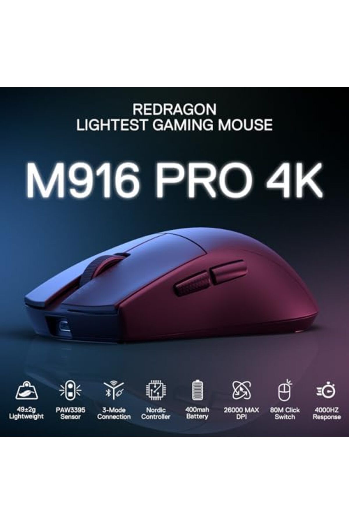 REDRAGON-Wireless Gaming Mouse M916 Pro 3 Modes, Ultra-Fast 4K Polling Rate, 49g Ultra-Lightweight, 4