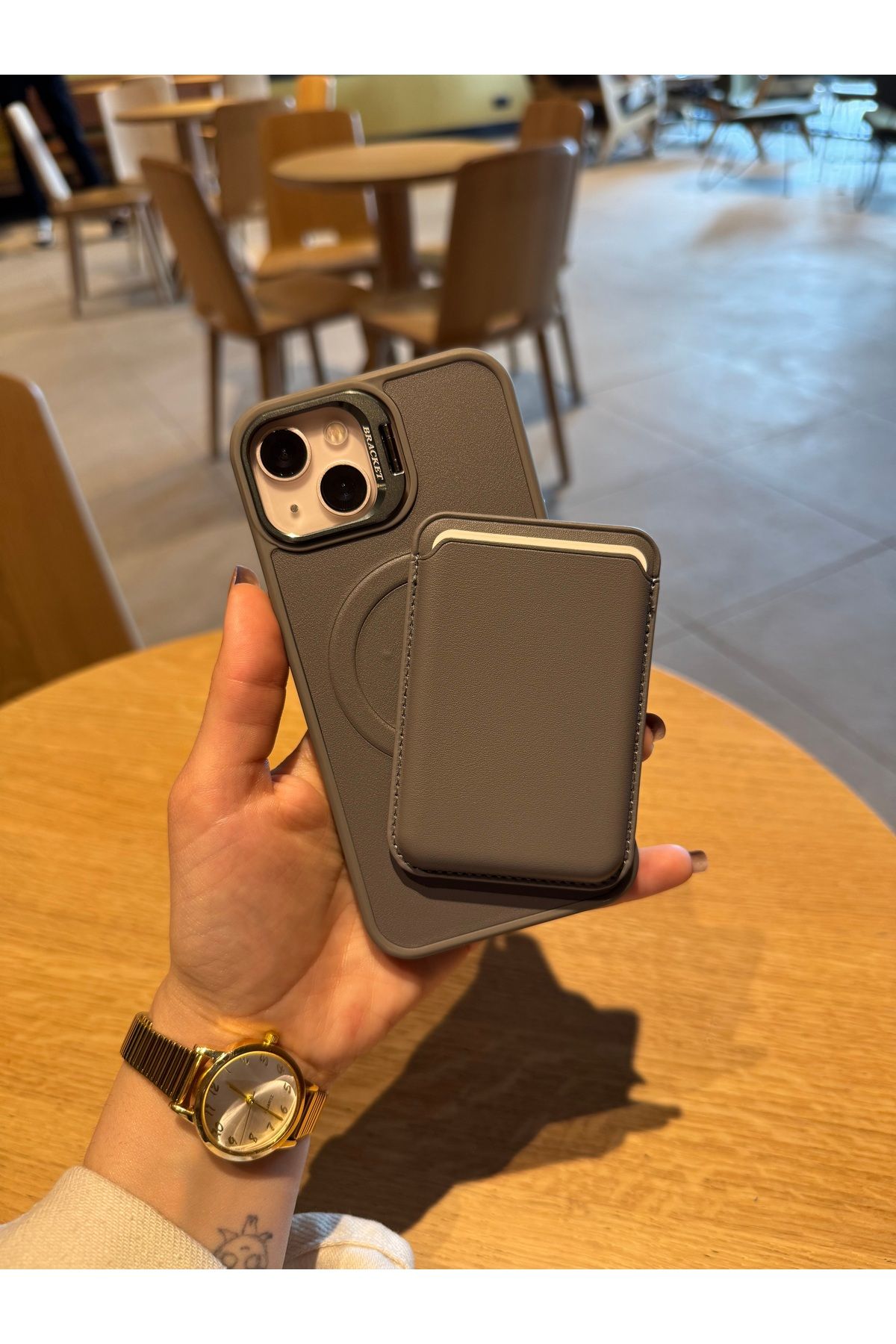 Mois Case İPhone 15 plus Premium Titanyum Gri deri Magsafe Cüzdanlı kartlıklı kamera çerçeve Standlı kılıf
