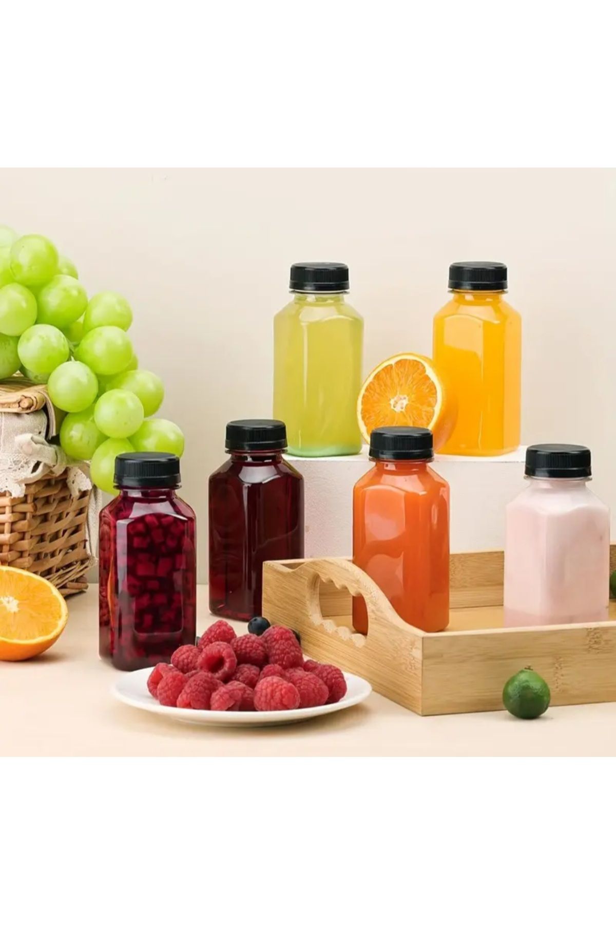 alenked 5 Adet 500 ml Smoothie Detoks Şişesi Şeffaf Plastik Kapak Köşeli Meyve Suyu Şişesi