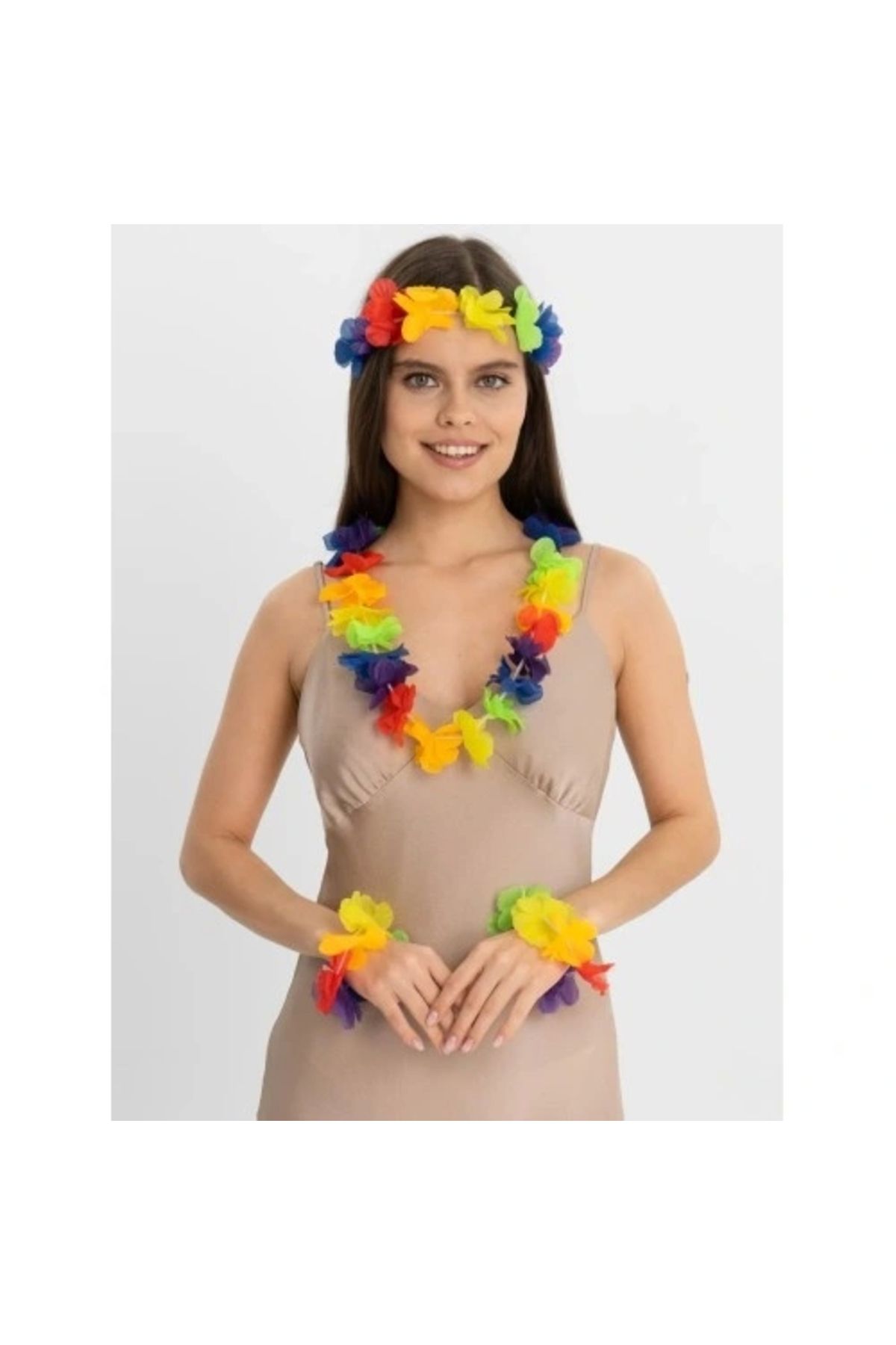 ShopNova Rengarenk Hawaii Kolye Taç Bileklik Seti 4 Parça