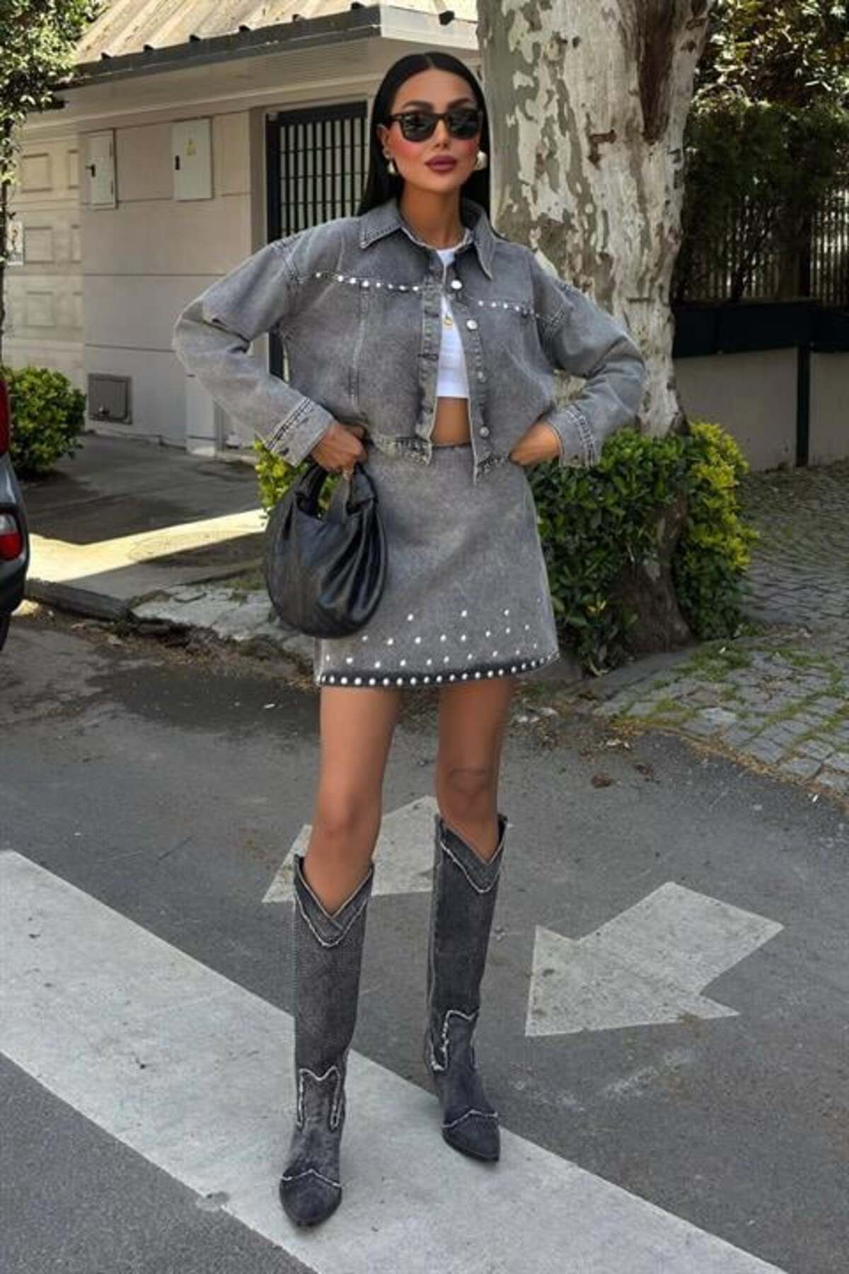 RICHMOST Taş Detaylı Uzun Kollu Ceket ve Taşlı Kadın Mini Etek Takımı ( 2 Parça ) Gri Denim