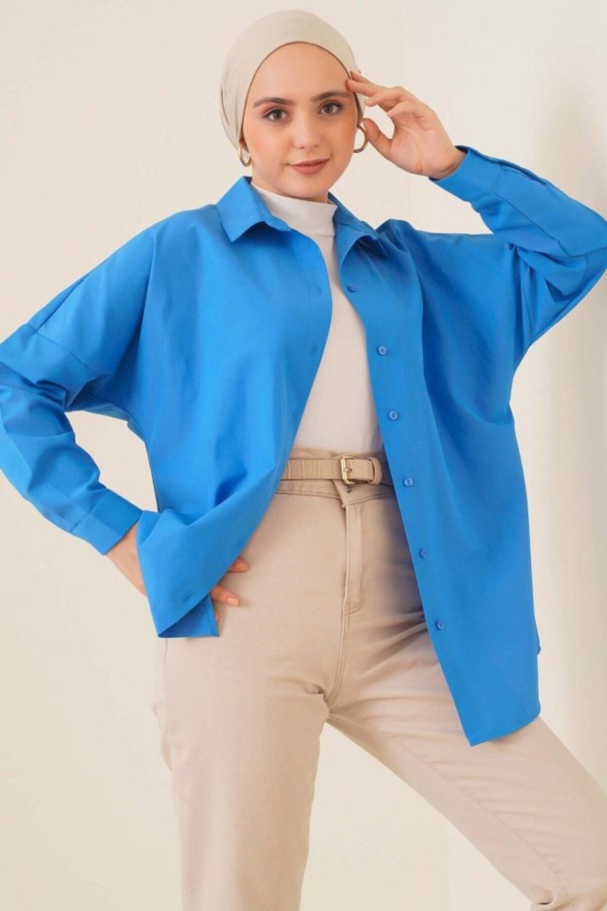 ASFSTORE 103901 Oversize Basic Tesettür Gömlek - Saks