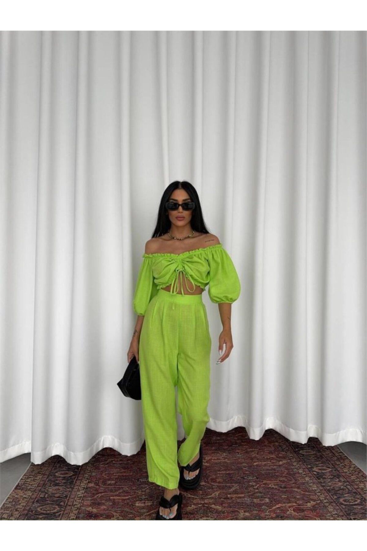 Eserden KETEN CROP BLUZ BÜZGÜ YAKA + PANTOLON TAKIM - Yeşil