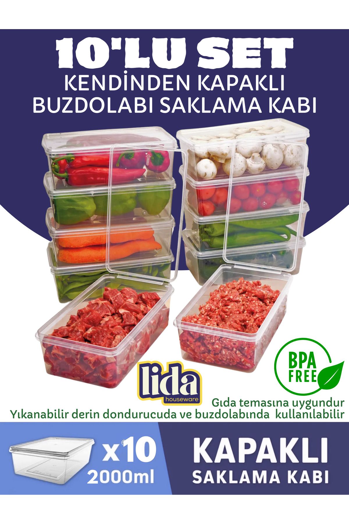 Lida Houseware Plastik Saklama Kabı 2 Litre 10 Adet - Kendinden Kapaklı Dondurucu Kabı Hava Almaz