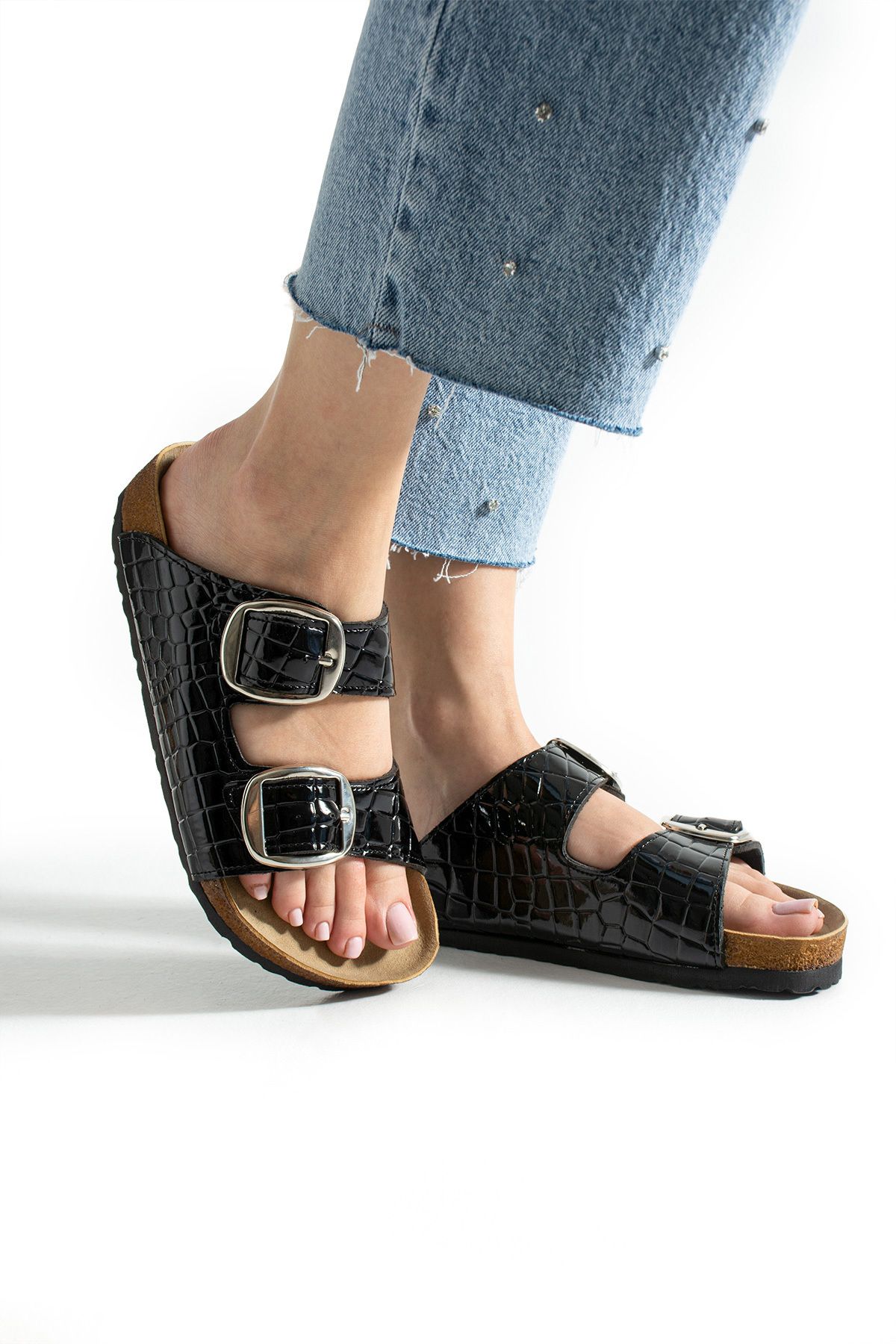 COMFORT OF PANTOFOLE Siyah rugan iki toka terlik
