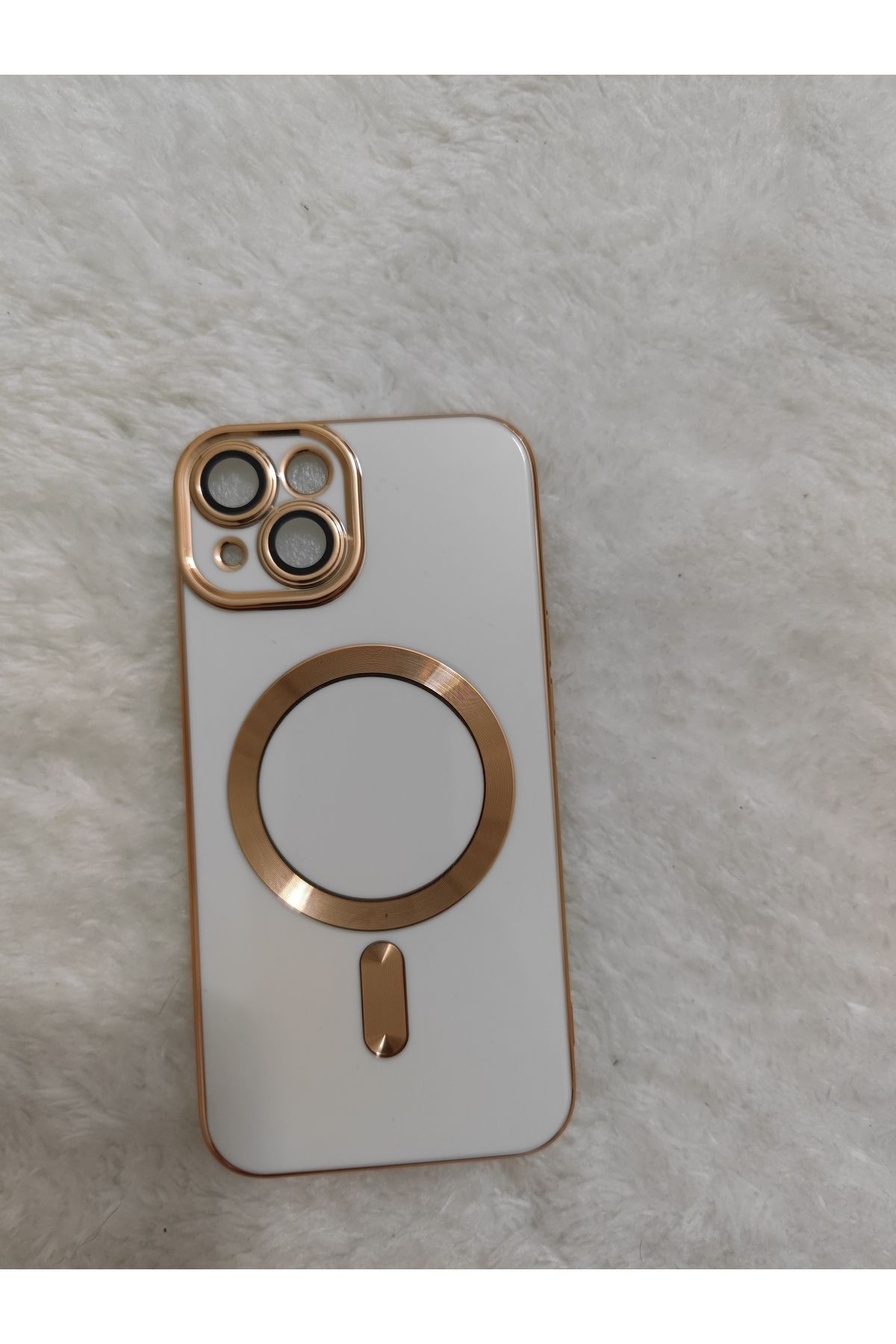 aheaks 15 Uyumlu Beyaz Magsafe Sert Silikon Kenarları Gold Dayanıklı Kılıf - Kamera Lens Korumalı