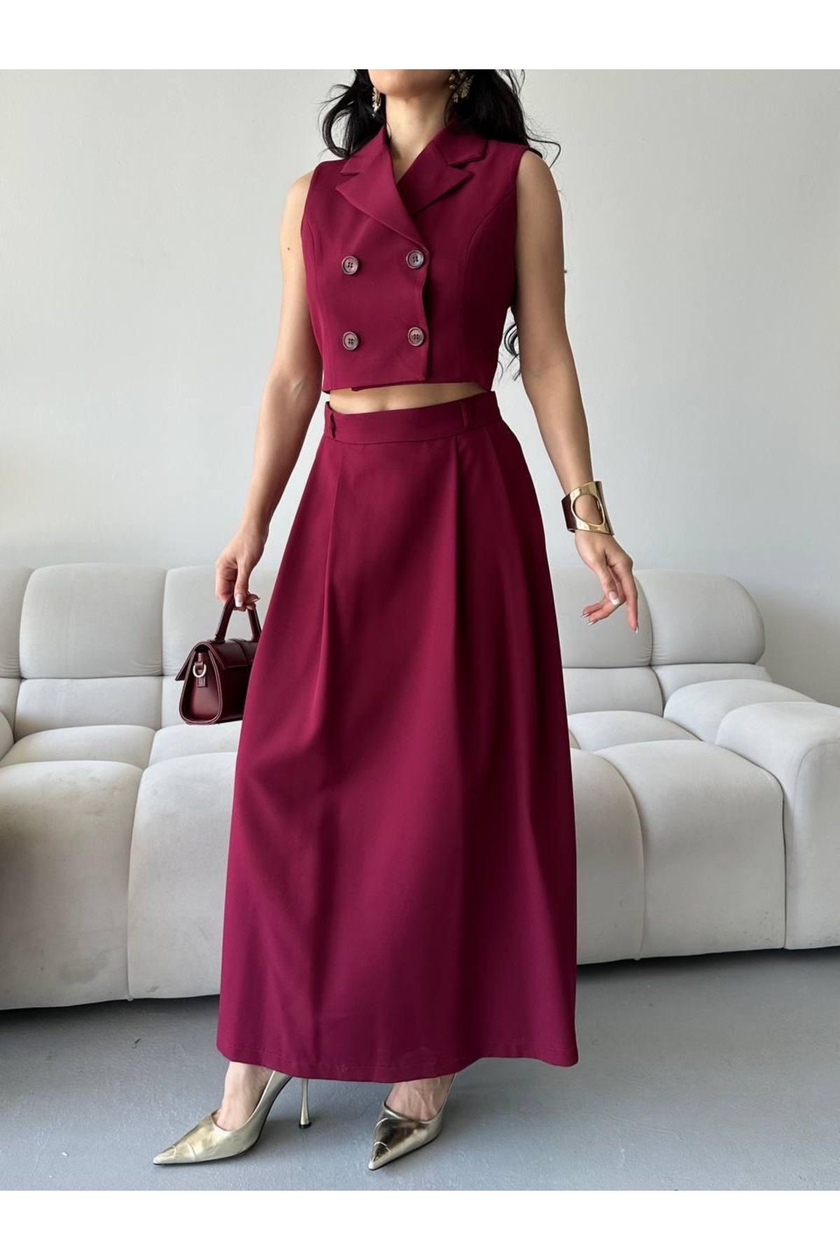 Ekim Store Düğmeli Kruvaze Yaka Ikili Blazer Yelekli Etekli Takım
