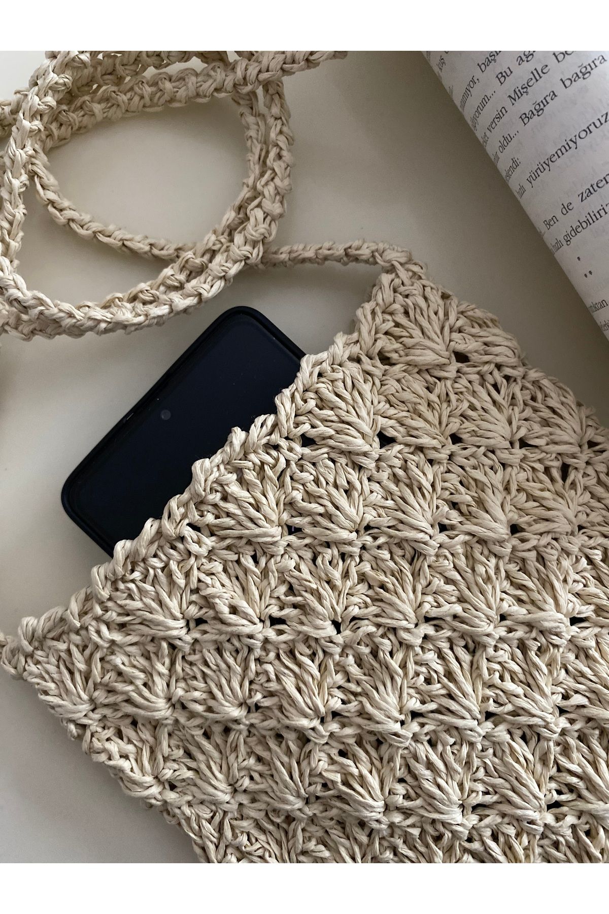 YM Kâğıt iple örülmüş telefon&cüzdan çantası
