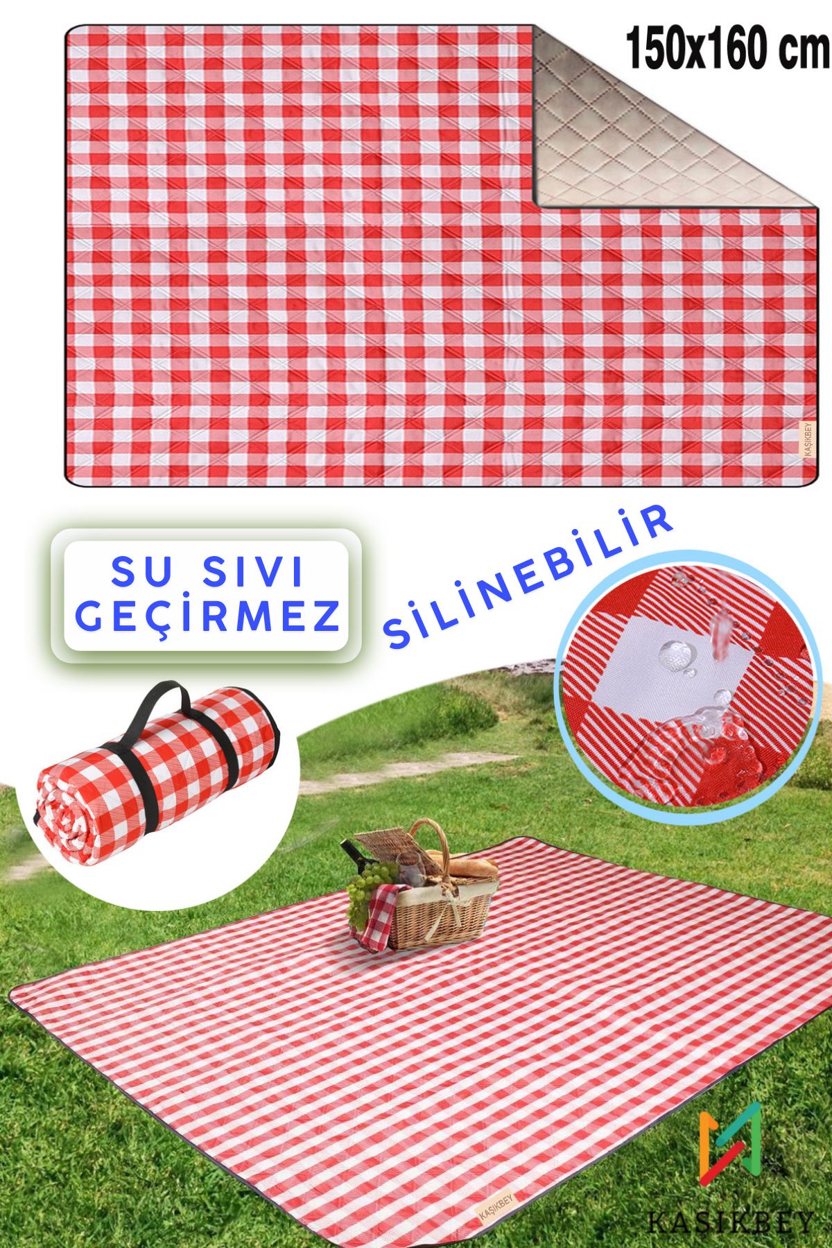 KAŞIKBEY Tuch Piknik Örtüsü Su Geçirmez Kamp Piknik Yer Minderi Kapitone Elyaf 150x160 CM Taşıma Kemerli