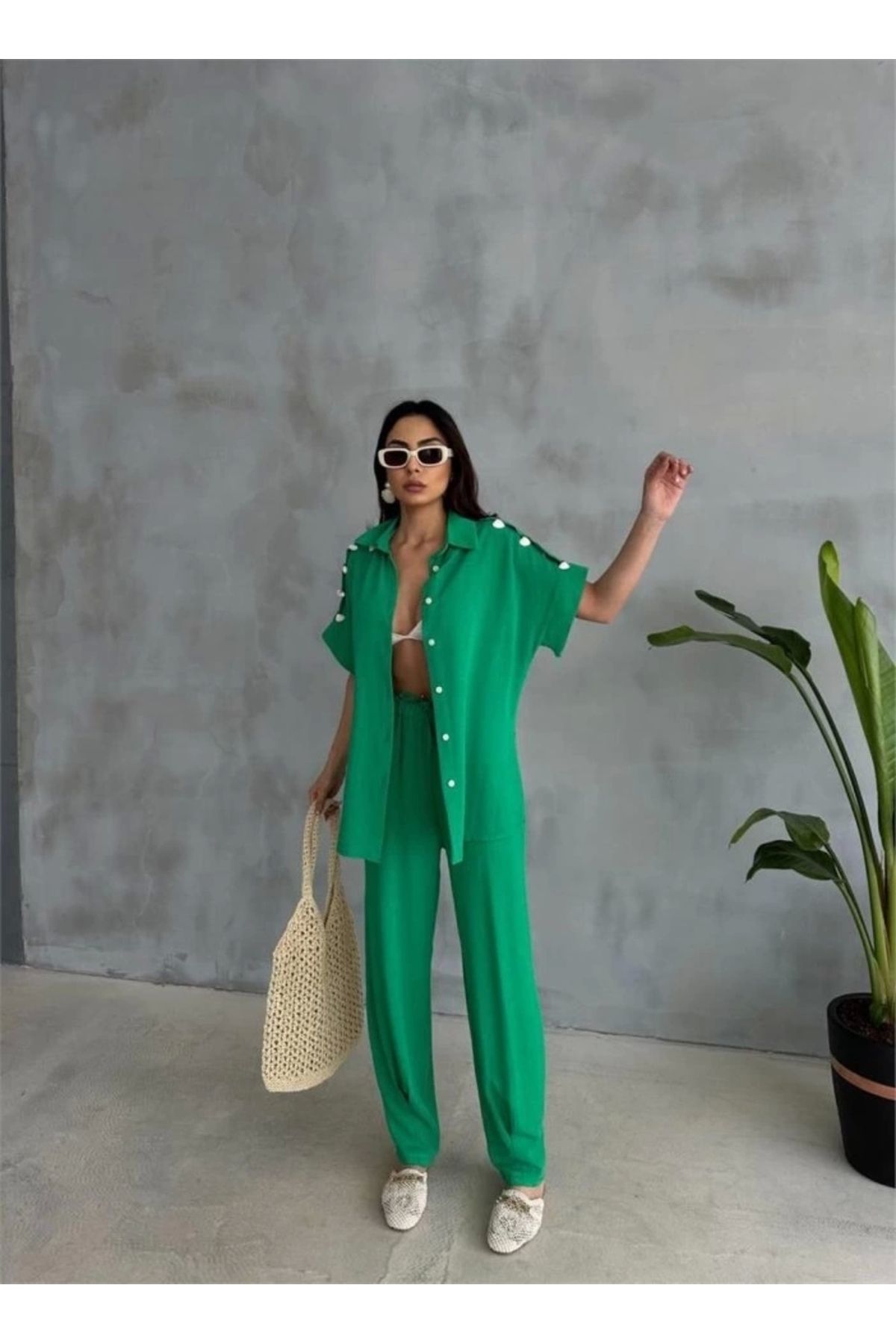 MODA OUZ İDYE IRAI BUZ PAÇA PENİ PANTOON TAKI Yeşil