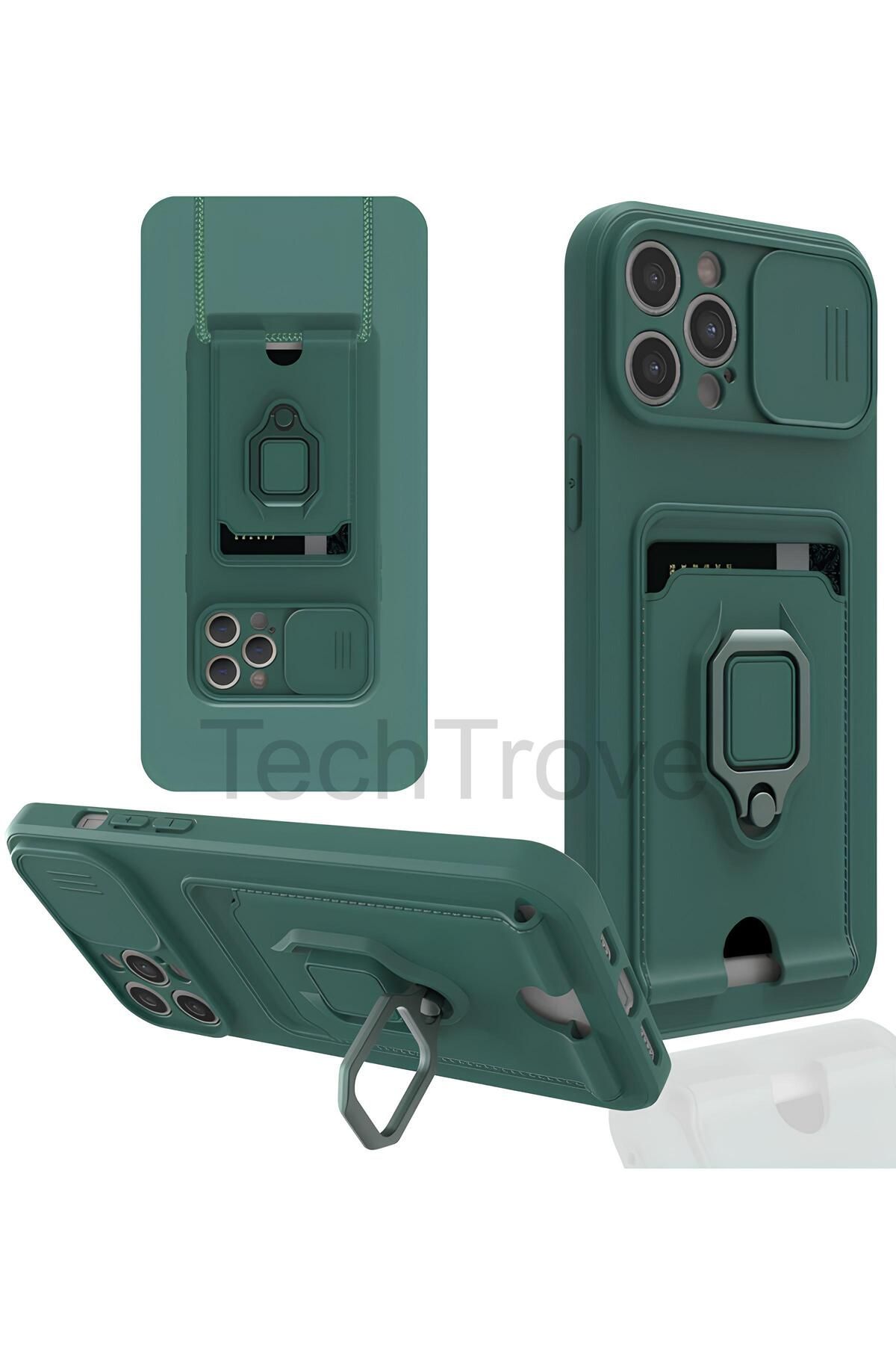 TechTrove iPhone 12 Pro Kılıf Kamera Koruma Sürgülü Kartvizitli Kartlıklı Standlı İpli Renkli Kapak