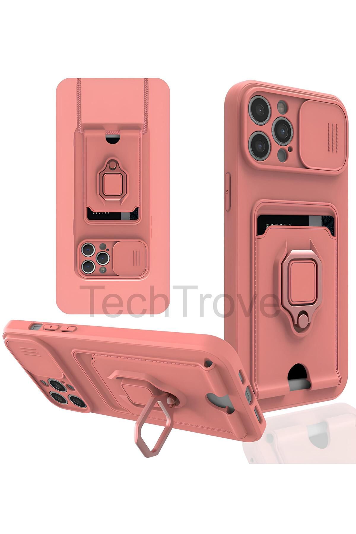 TechTrove iPhone 12 Pro Kılıf Kamera Koruma Sürgülü Kartvizitli Kartlıklı Standlı İpli Renkli Kapak
