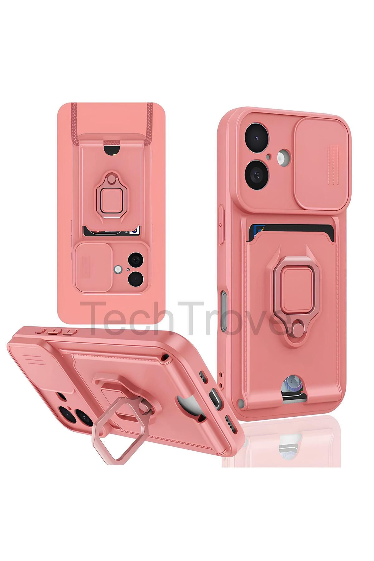 TechTrove iPhone 16 Kılıf Kamera Koruma Sürgülü Kartvizitli Kartlıklı Standlı İpli Renkli Kapak