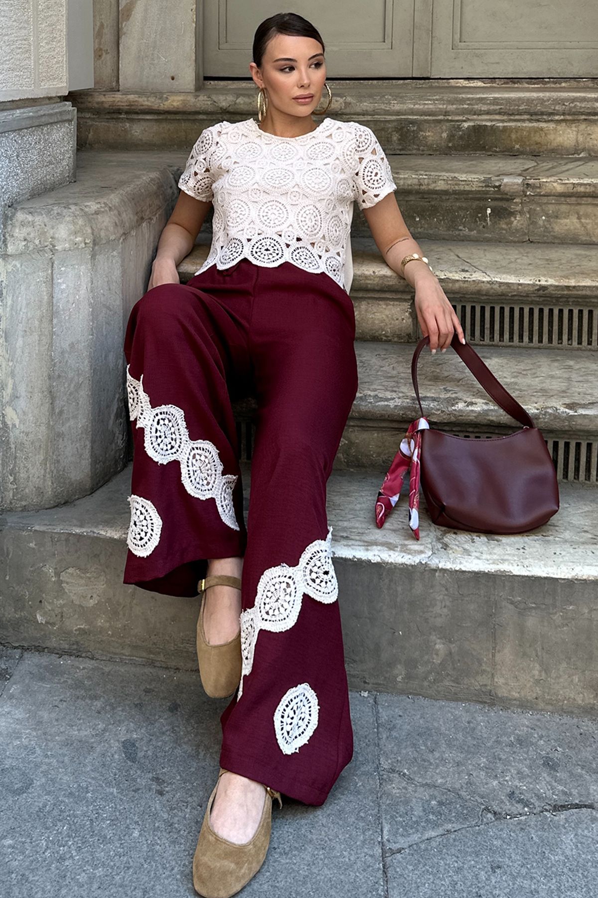VAGGON Beli Lastikli Pantolon Dantelli Bluz Ve Omuz Çantası Takım Golden Hour V00031