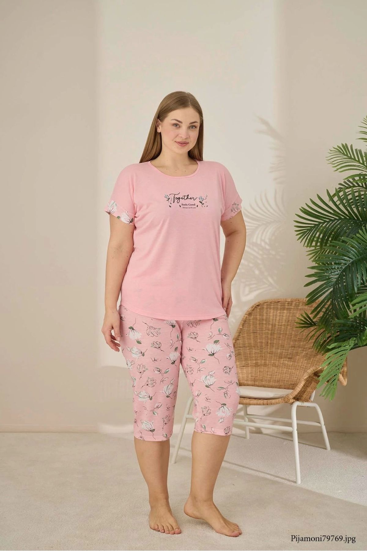 Pijamoni Polyviskon Kumaş Büyük Beden Pembe Pijama Takımı - 7345