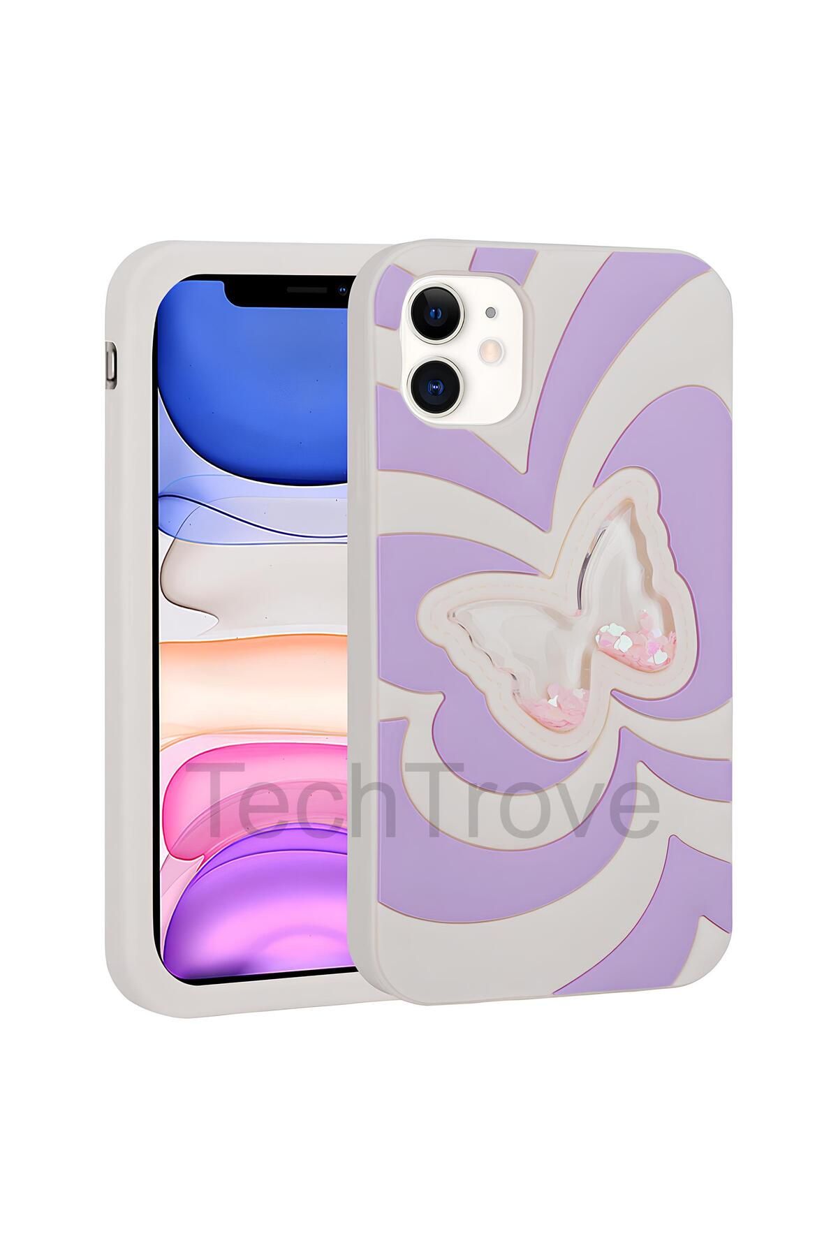 TechTrove Apple iPhone 11 Kılıf Sıvılı Simli Kelebekli Tasarım Vodena Kapak
