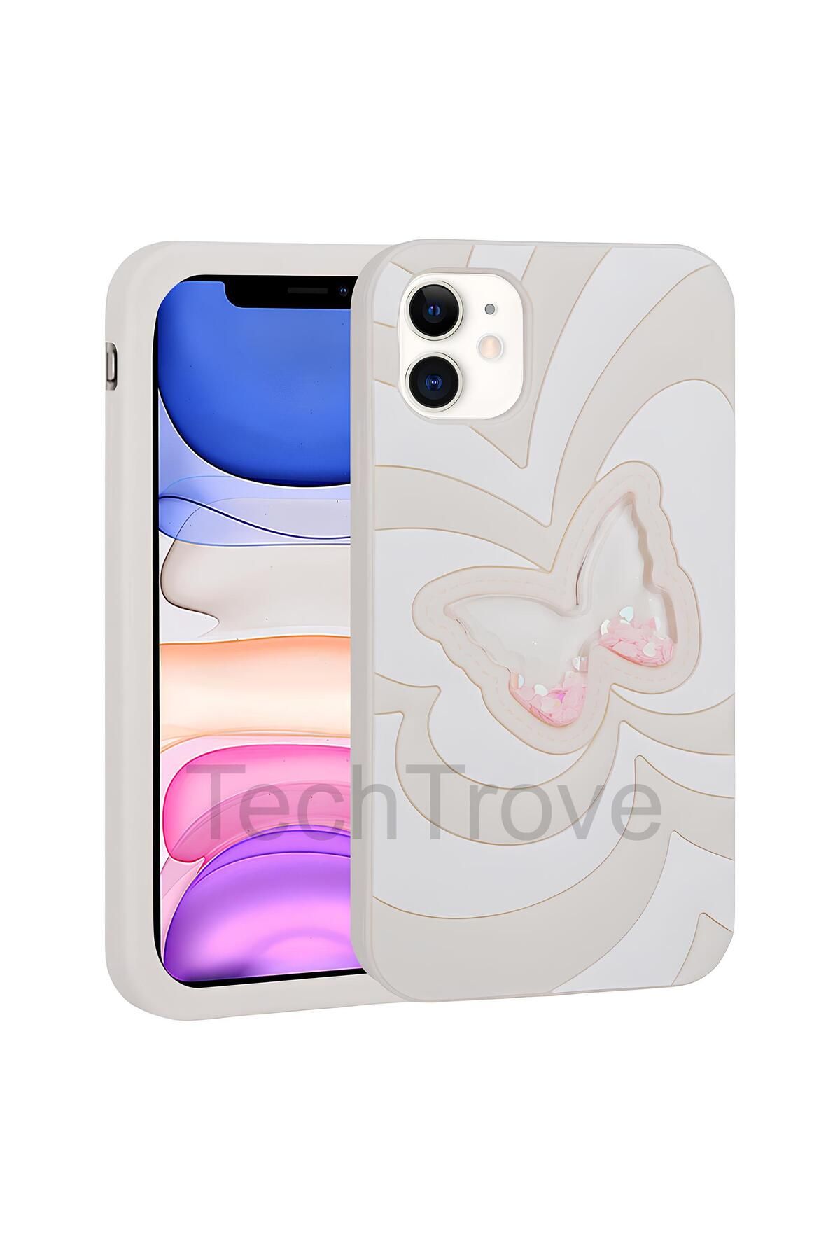 TechTrove Apple iPhone 11 Kılıf Sıvılı Simli Kelebekli Tasarım Vodena Kapak