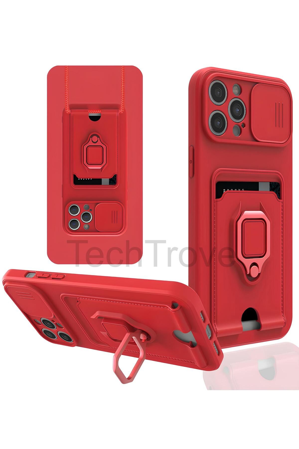 TechTrove iPhone 12 Pro Kılıf Kamera Koruma Sürgülü Kartvizitli Kartlıklı Standlı İpli Renkli Kapak