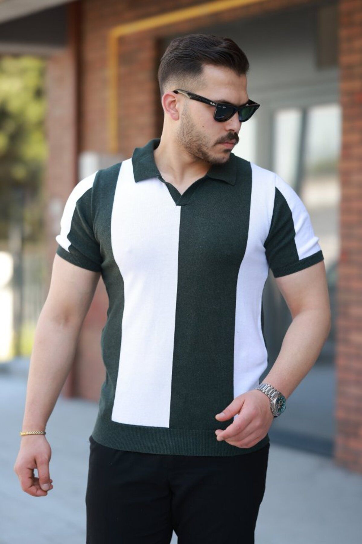 Eserden Erkek Kısa Kollu Polo Yakalı Blok Desenli Triko Bluz