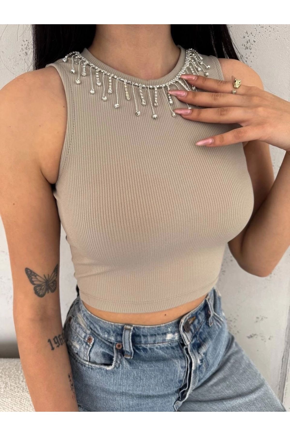 OurStyles fitilli kaşkorse yakası zincirli atlet vizon