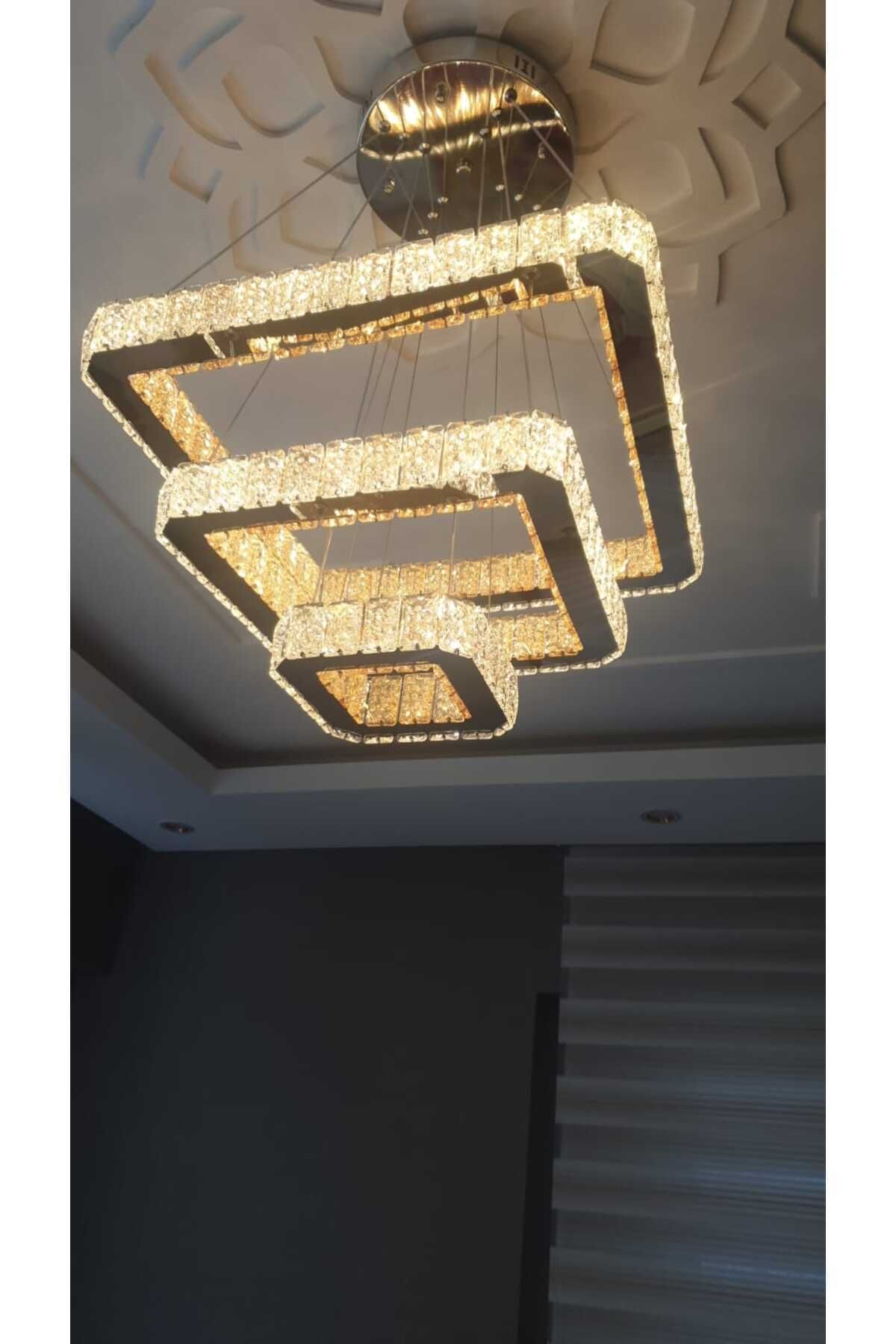 Led Sarkıt 3lü Kare Kristal Taşlı Li Avize 3 Renkli (BEYAZ - SARI -GÜN IŞIĞI)