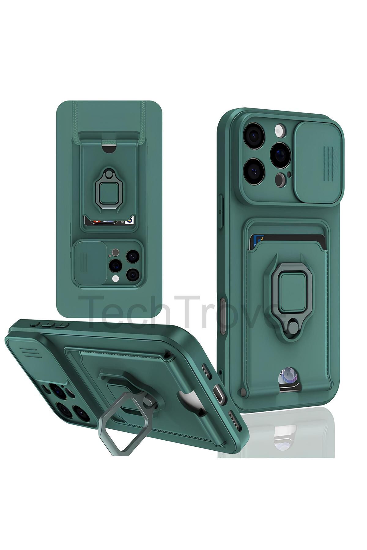 TechTrove iPhone 16 Pro Kılıf Kamera Koruma Sürgülü Kartvizitli Kartlıklı Standlı İpli Renkli Kapak