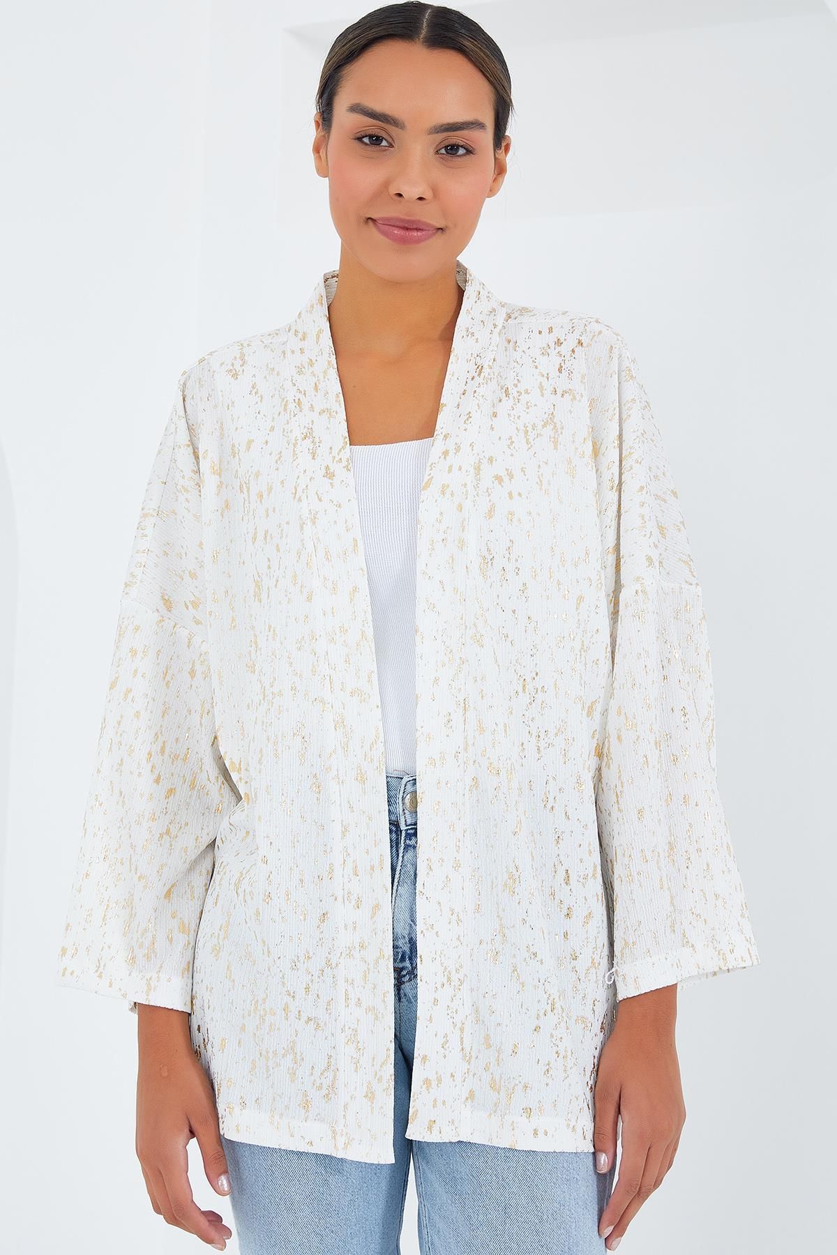 MODAMAİSA Kadın Ekru Varaklı Örme Kimono
