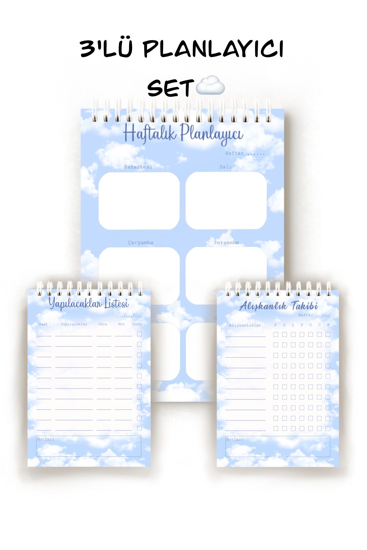 Handeto Kraft Bulut Temalı 3'lü Türkçe Planlayıcı Set, Haftalık Planlayıcı, Alışkanlık Takibi, To-do List, Planner