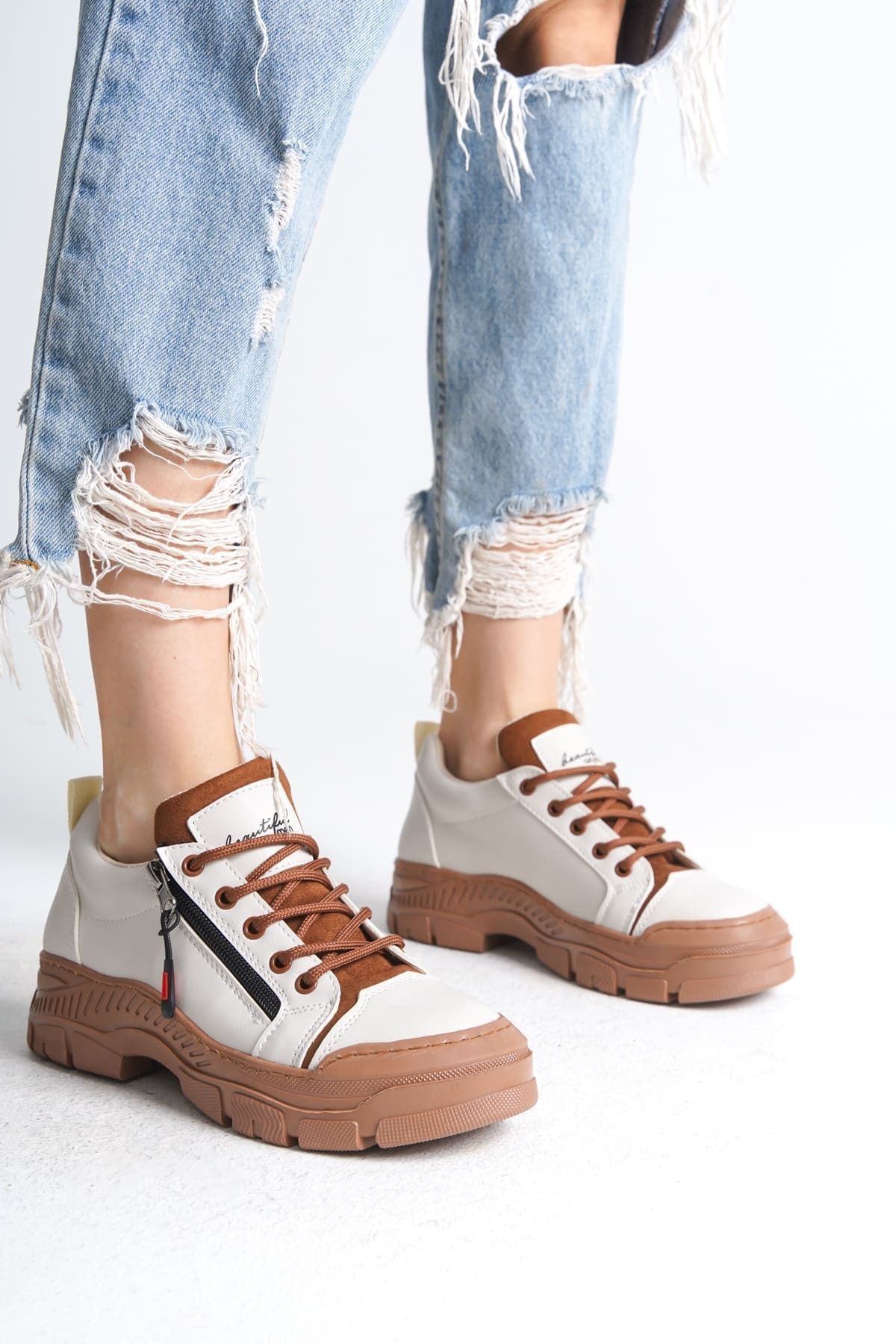 Joy Ayakkabı AGATHA Bağcıklı Fermuarlı Ortopedik Taban Kadın Sneaker Spor Ayakkabı TT - Krem