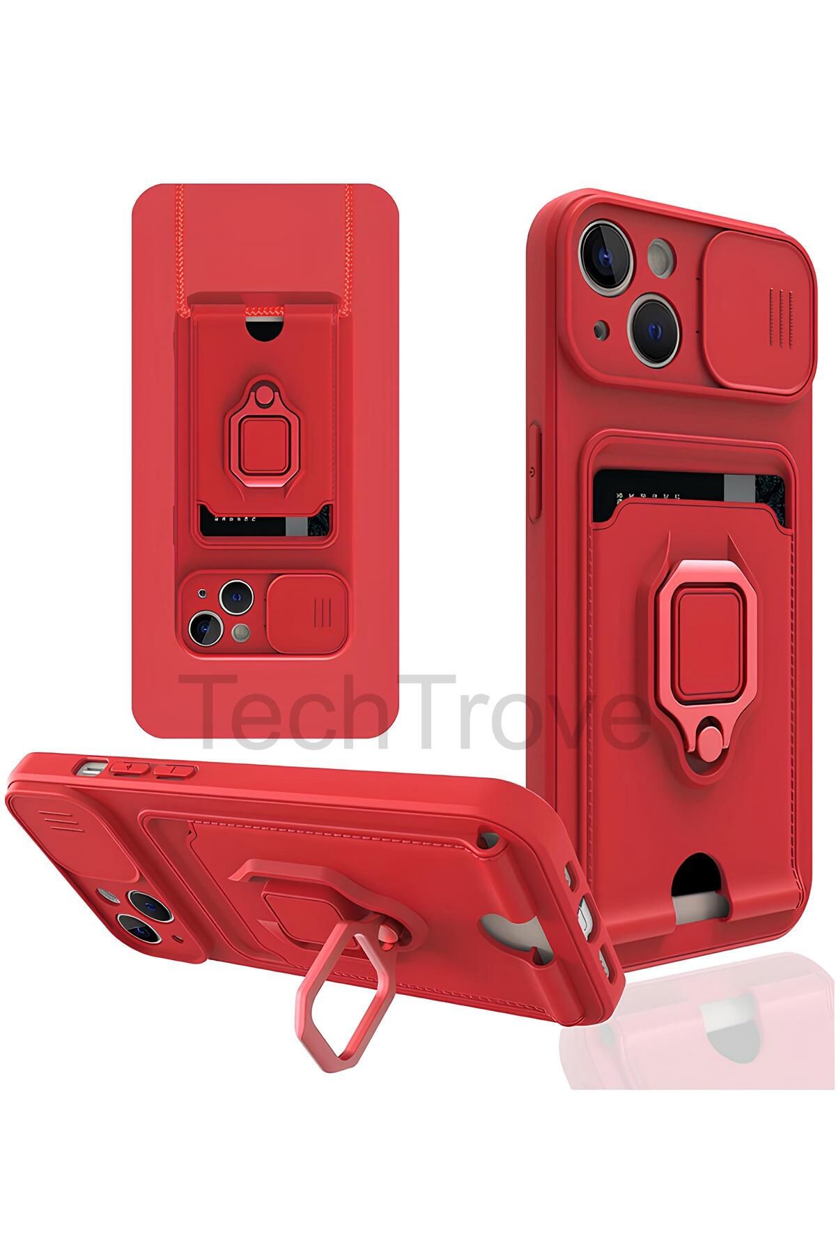 TechTrove iPhone 14 Kılıf Kamera Koruma Sürgülü Kartvizitli Kartlıklı Standlı İpli Renkli Kapak