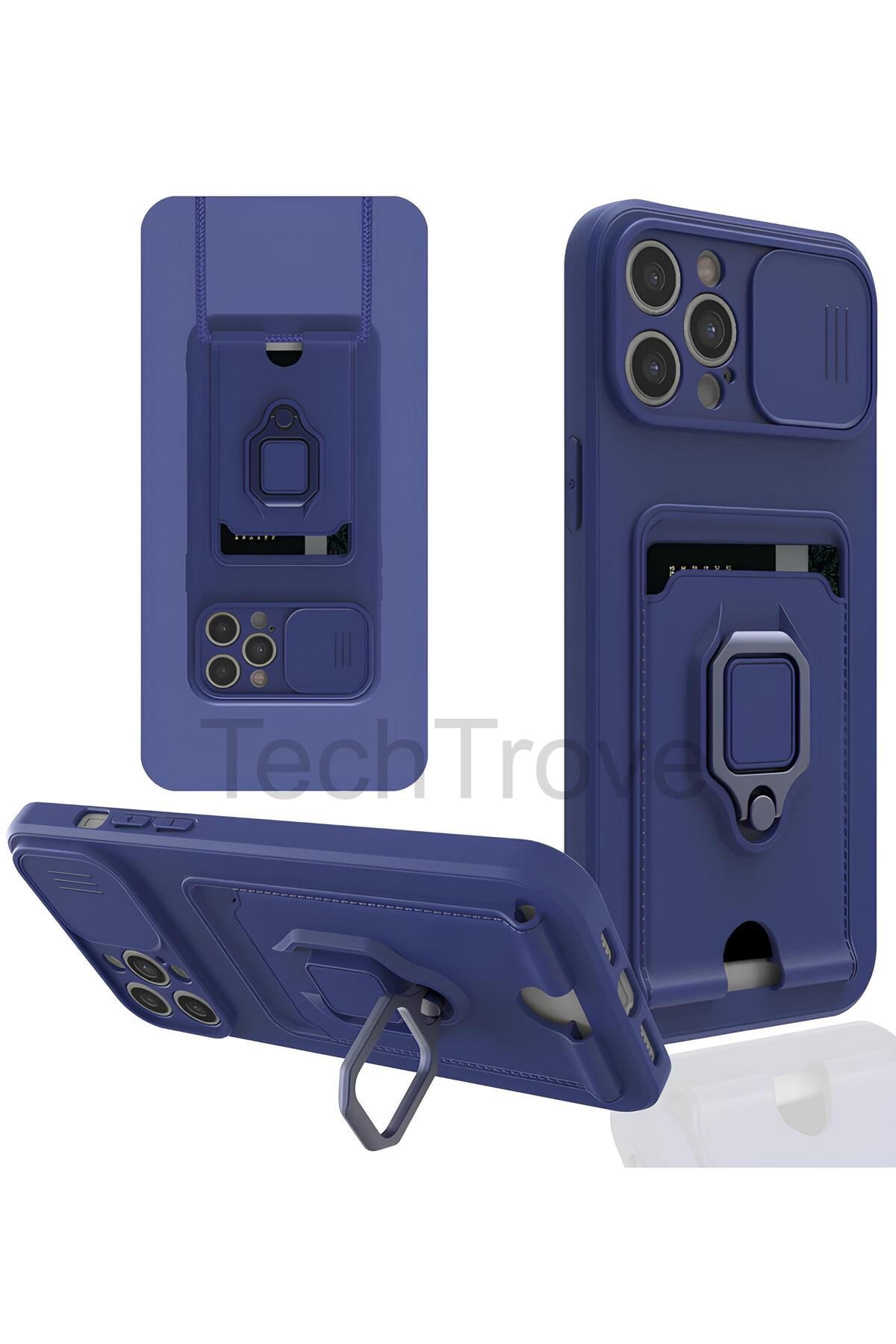 TechTrove iPhone 12 Pro Kılıf Kamera Koruma Sürgülü Kartvizitli Kartlıklı Standlı İpli Renkli Kapak