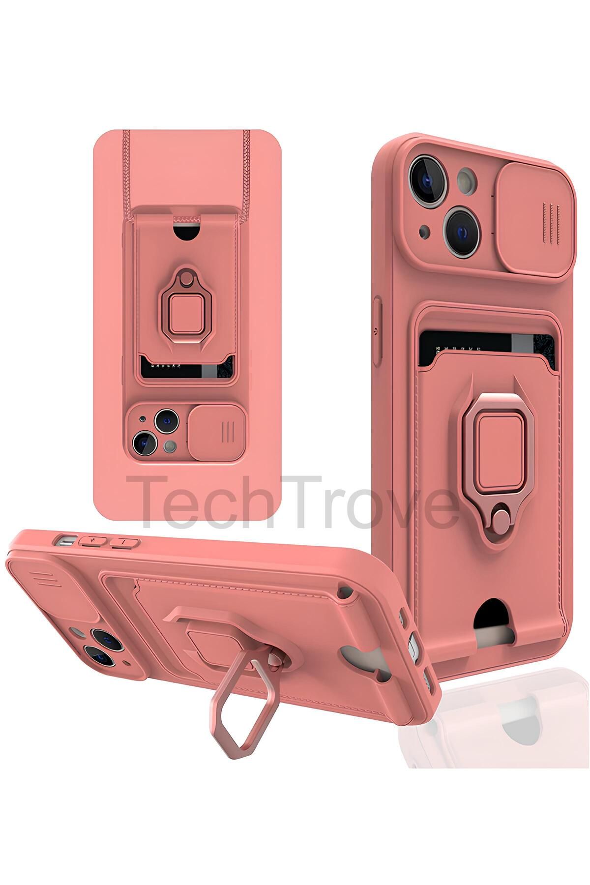 TechTrove iPhone 14 Kılıf Kamera Koruma Sürgülü Kartvizitli Kartlıklı Standlı İpli Renkli Kapak