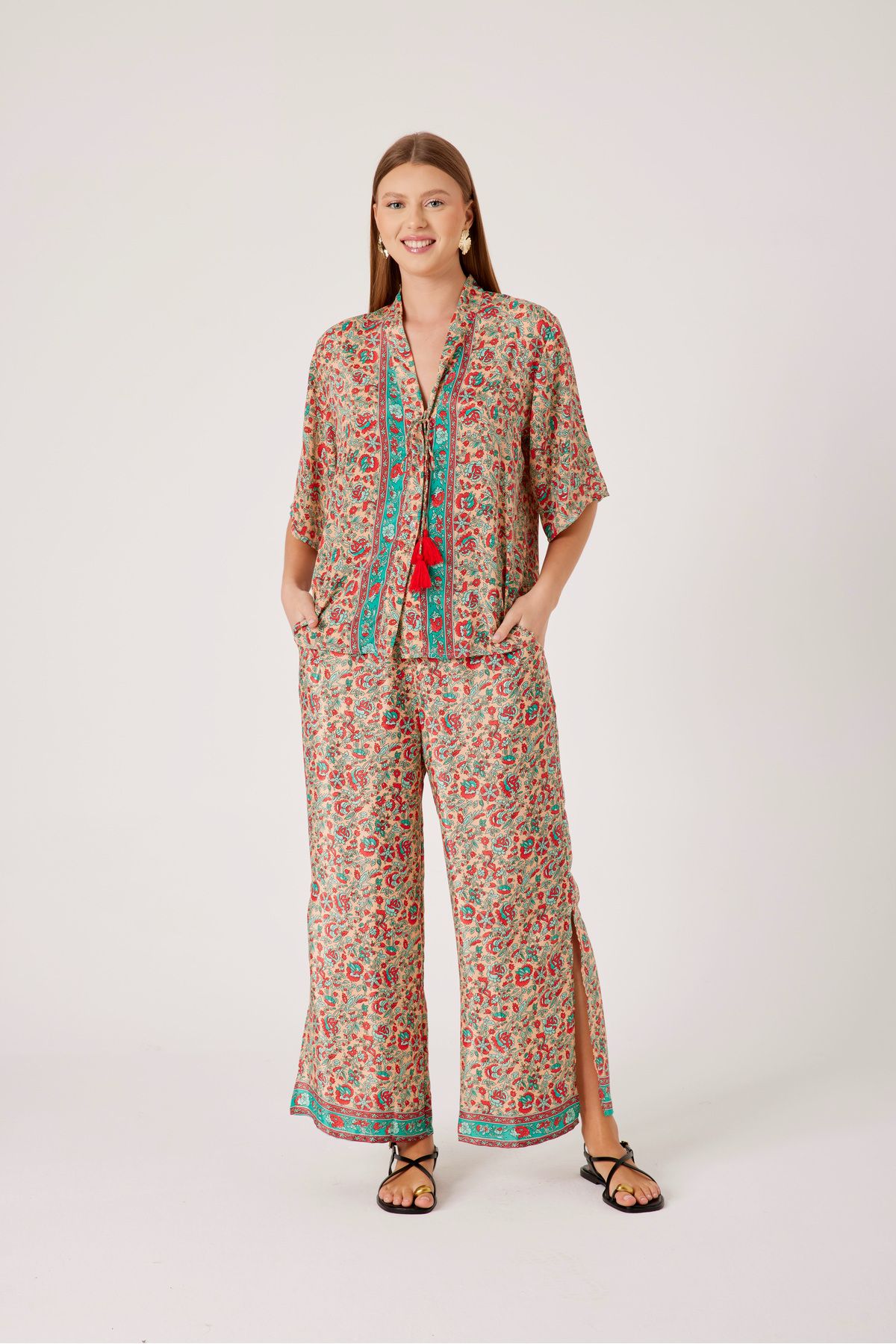 T'u Collection Yazlık Hint İpeği Pantalon Gömlek 2'li Takım