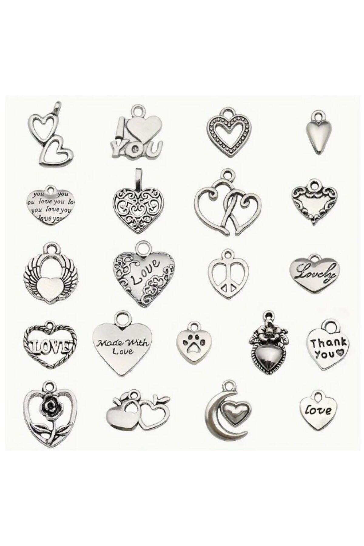 orco ( 20 X ADET ) 1 SET GÜMÜŞ MODEL HEART DAY KALP SÜSLERİ & KOLYE UCU & KÜPE & BİLEKLİK AKSESUARLARI