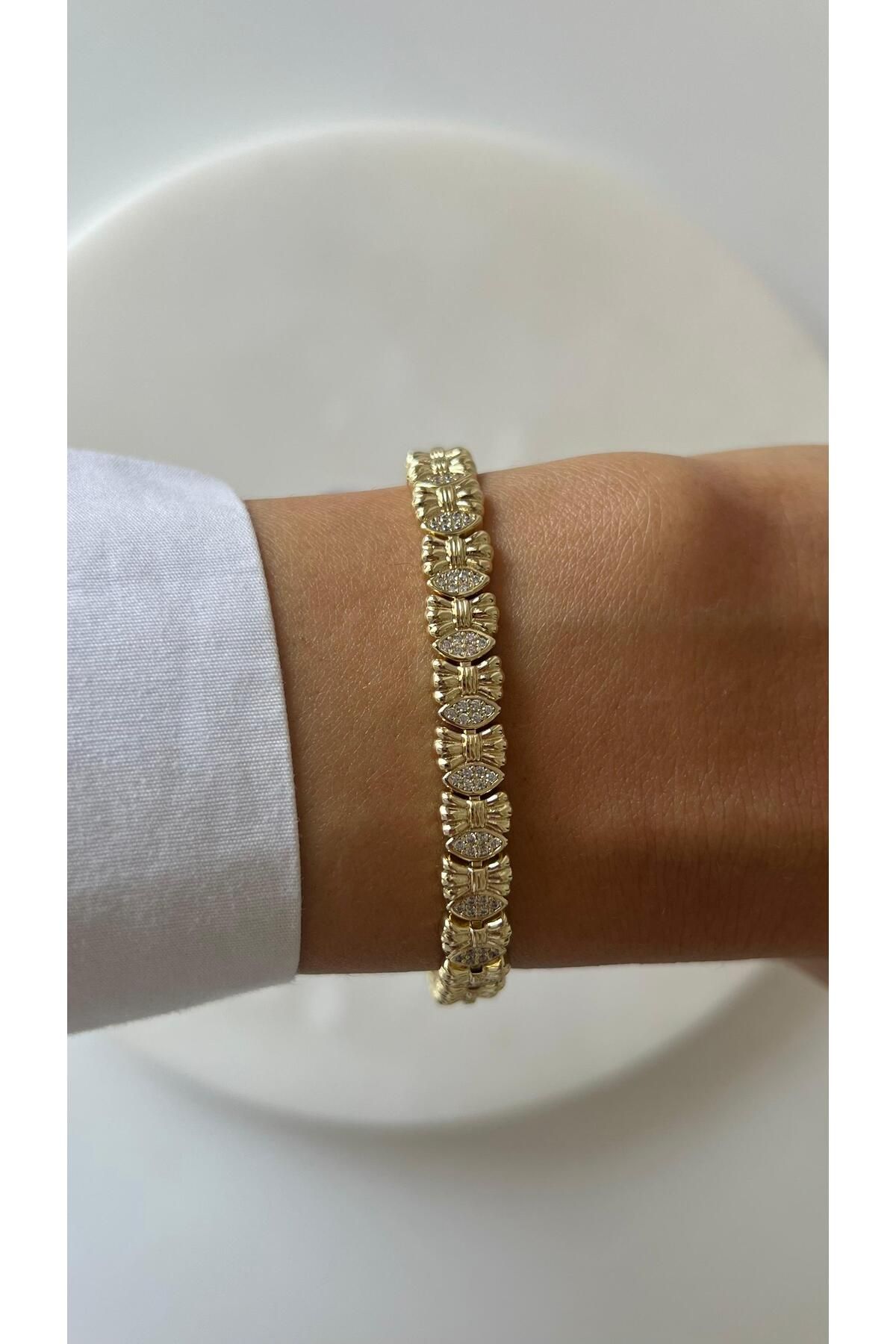 rimeaccessories 14k altın kaplama fiyonk model zirkon taşlı gold bileklik
