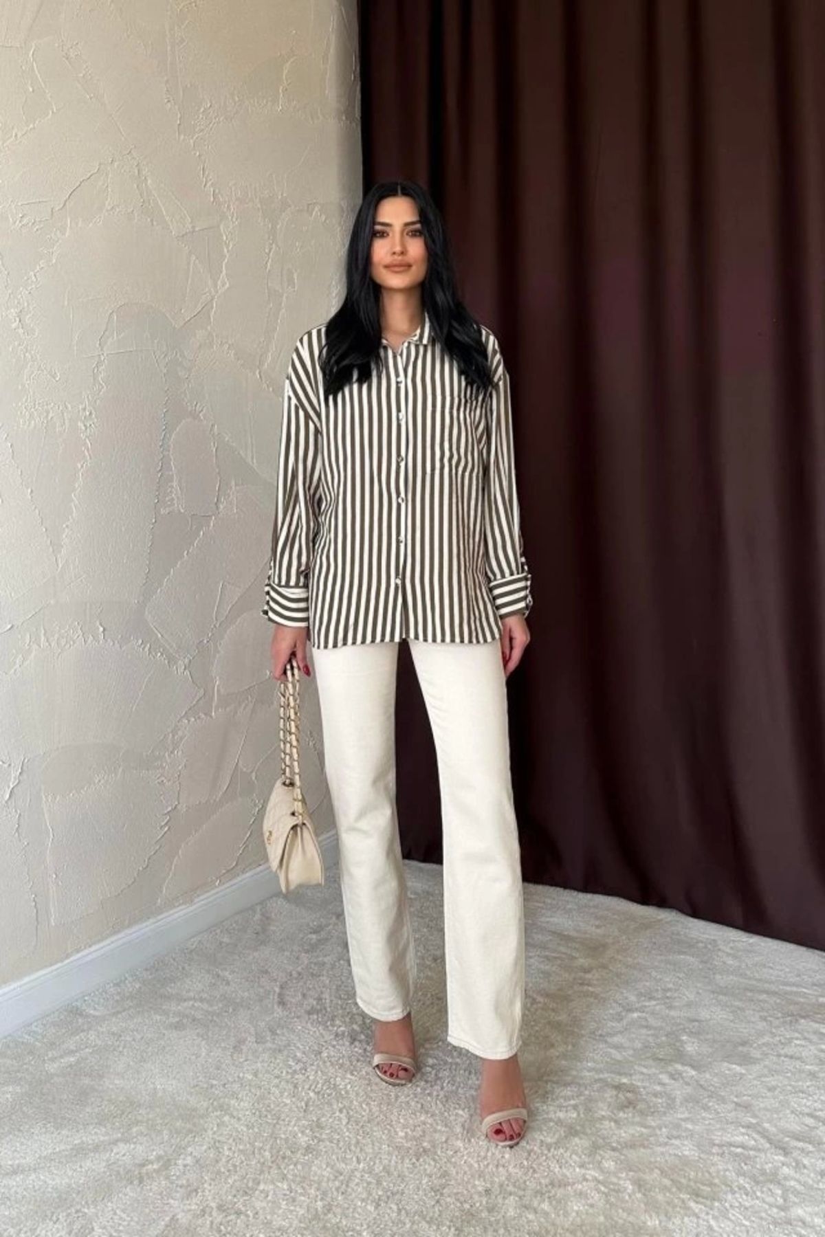 MODA Haki Çizgili Gömlek