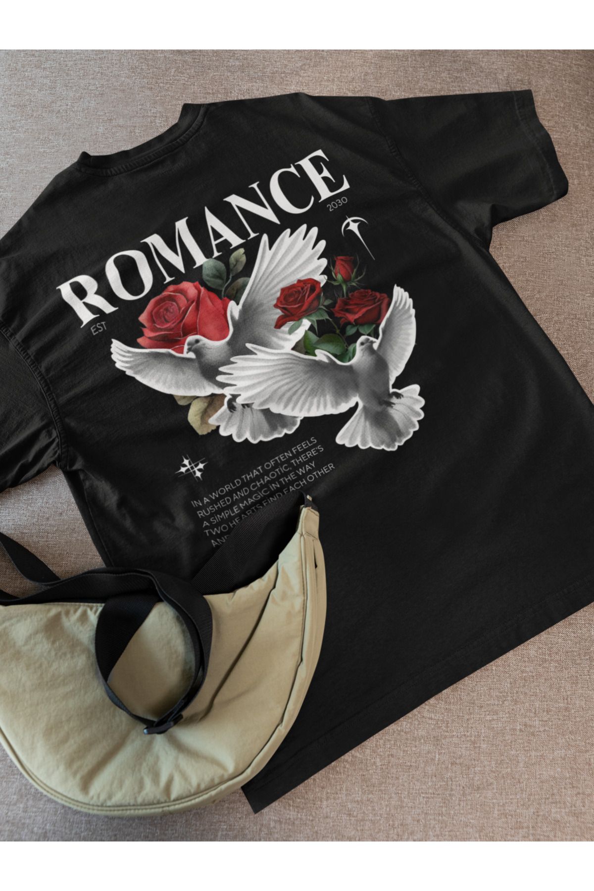 Lyonis Erkek Oversize ROMANCE Baskılı Bisiklet Yaka Penye T-Shirt