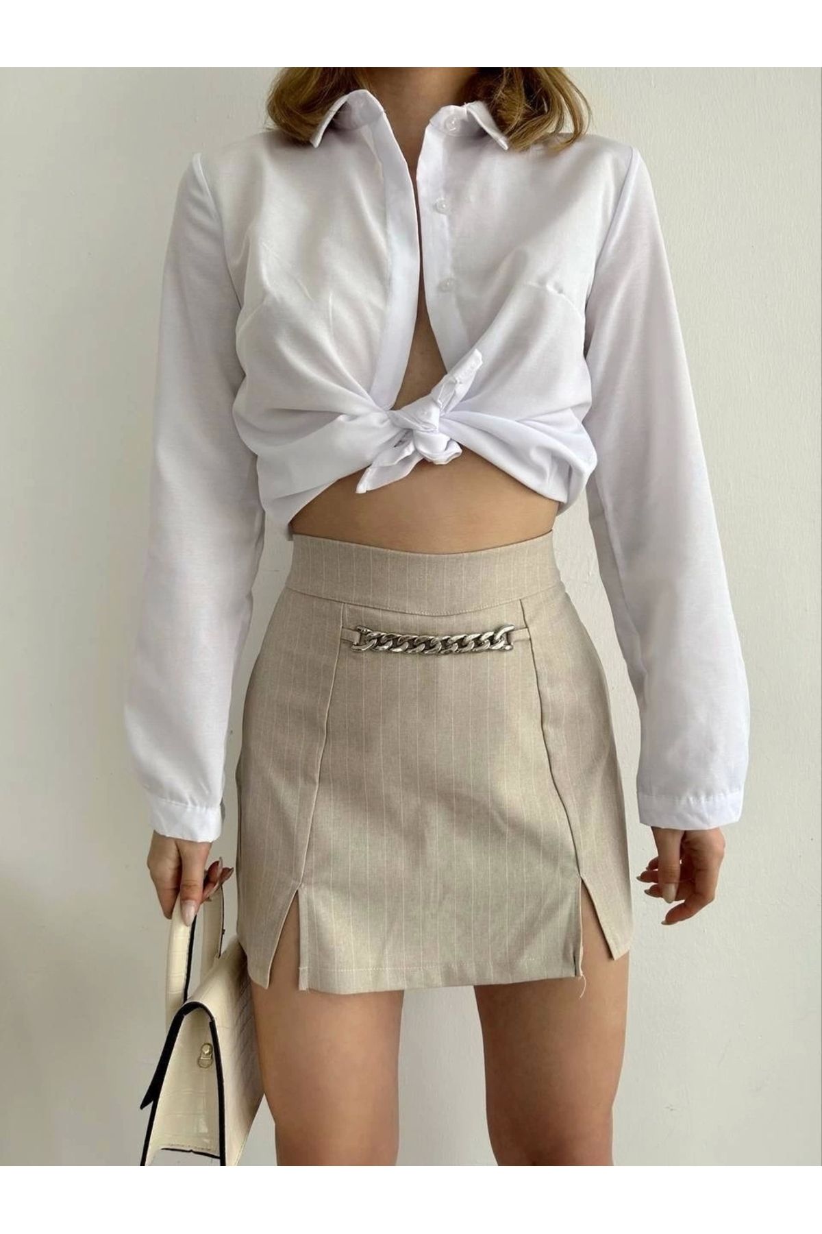 OurStyles Zincir detaylı çizgili şort etek