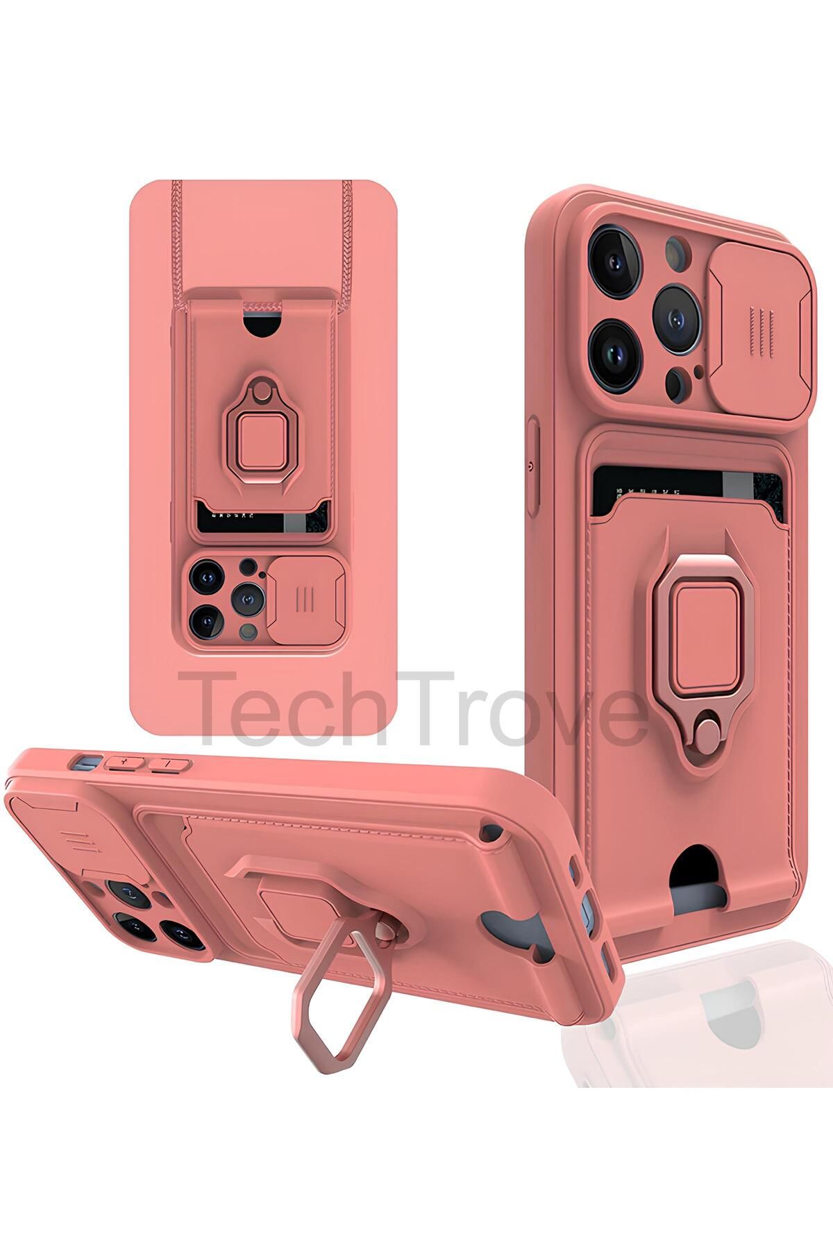 TechTrove iPhone 14 Pro Kılıf Kamera Koruma Sürgülü Kartvizitli Kartlıklı Standlı İpli Renkli Kapak