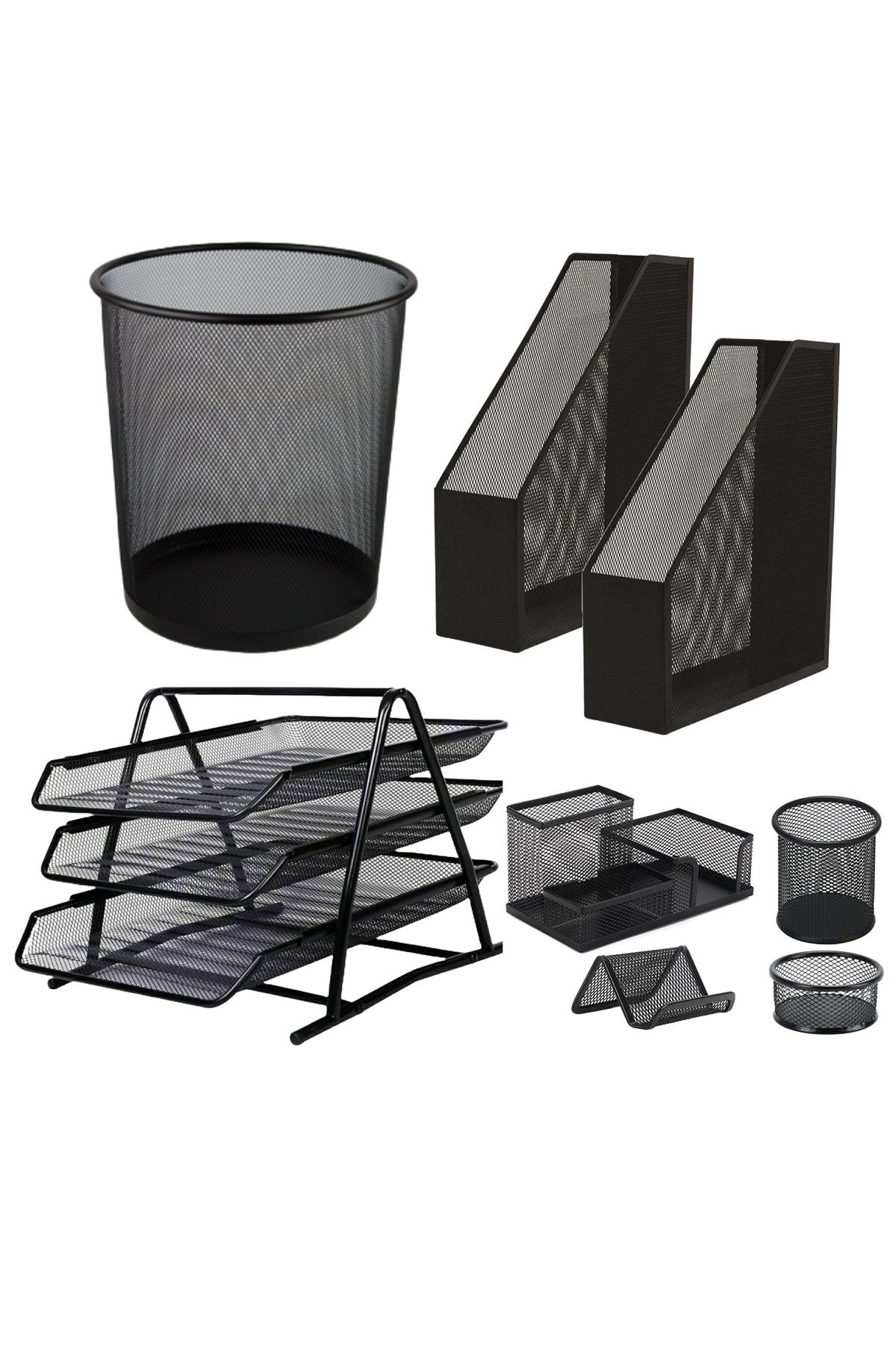 FLR Set 8 Suporti Birou, Flr, Pentru Documente Si Accesorii, Tavite Metalice, Cos Birou, Mesh Negru - One Size