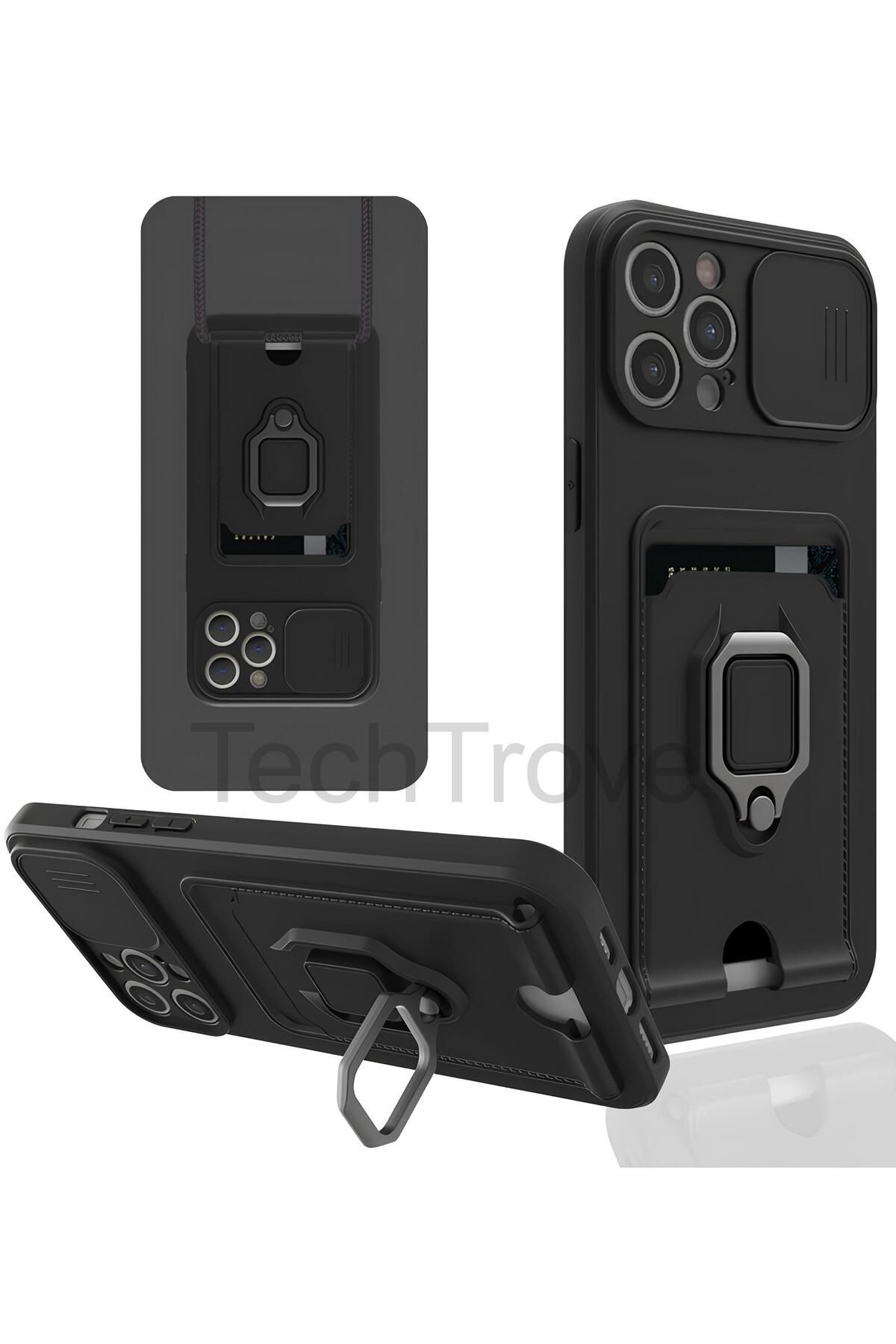 TechTrove iPhone 12 Pro Kılıf Kamera Koruma Sürgülü Kartvizitli Kartlıklı Standlı İpli Renkli Kapak