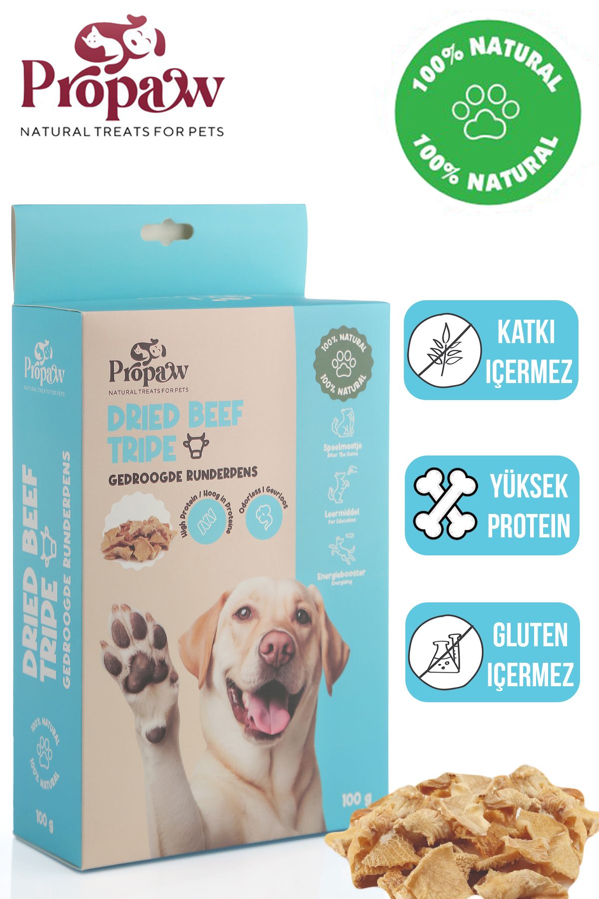 propaw Kurutulmuş Dana İşkembe Çiğnemelik Köpek Ödül Maması %100 Doğal Tüm Irklar İçin Yüksek Protein 100 g