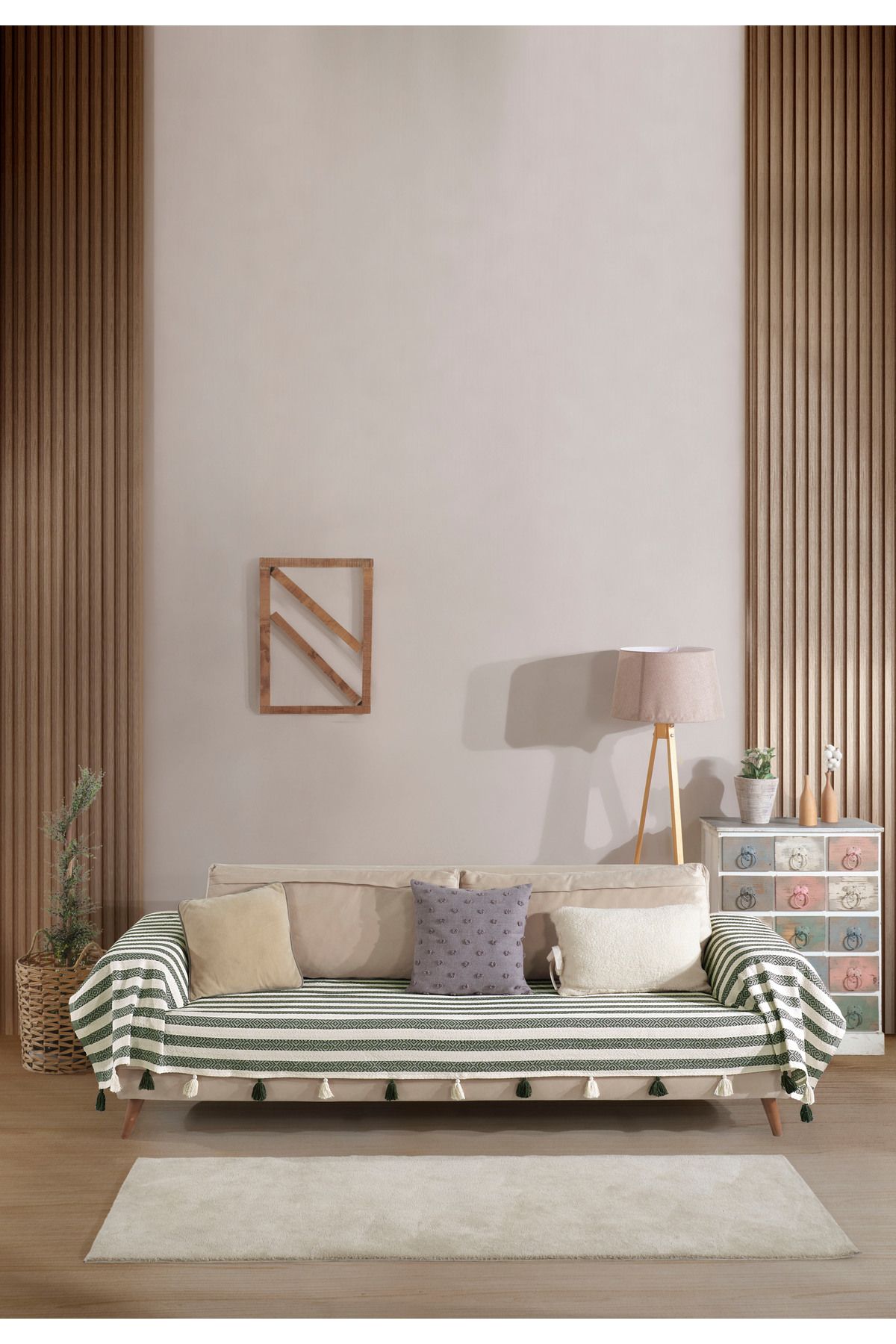 Lux Touch Pera Haki Püsküllü Kolları Örten Koltuk Örtüsü 300x110 cm 3m Battal Boy Ponponlu Kanepe Divan Çekyat