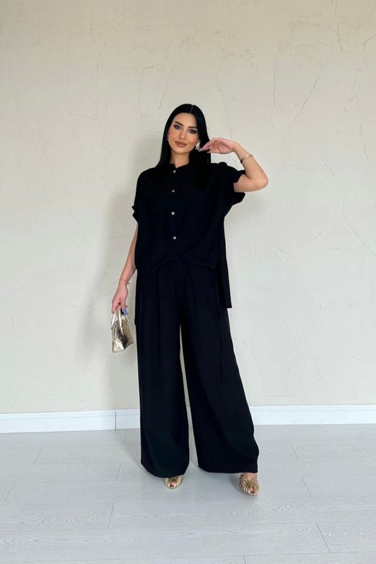 MODA iyah Önü Pileli İkili Keten Takım