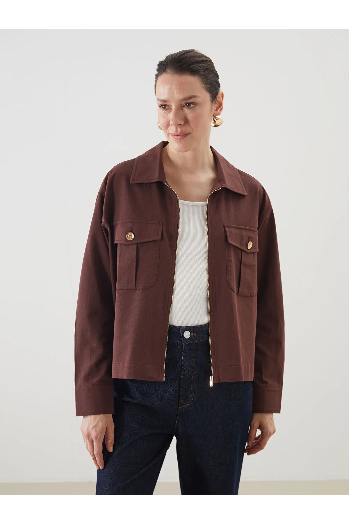 LC Waikiki Gömlek Yaka Oversize Keten Karışımlı Kadın Ceket