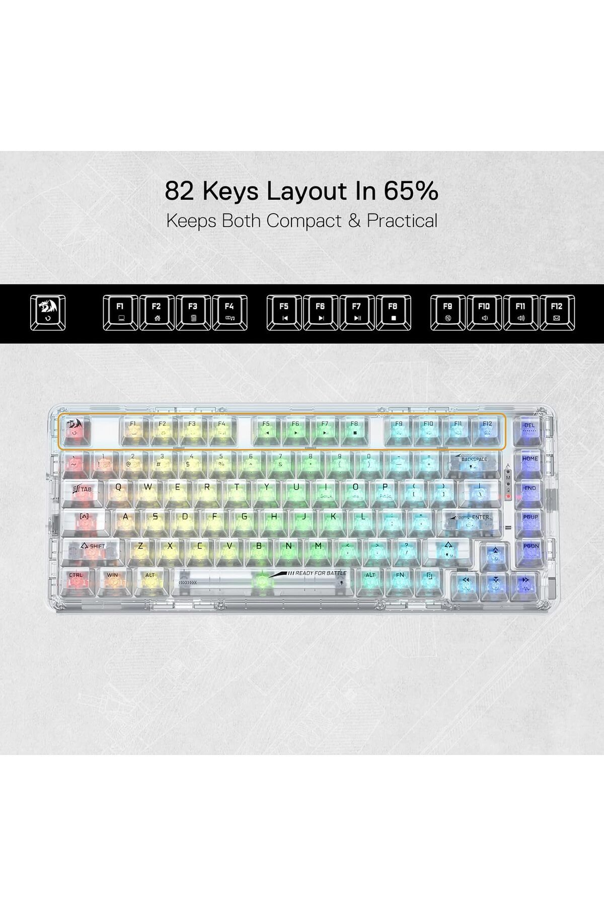 REDRAGON-K649 PRO 78% Wireless Gasket RGB Gaming Keyboard, 3-Modes 82 Keys Full-Transparent Mechanic 7