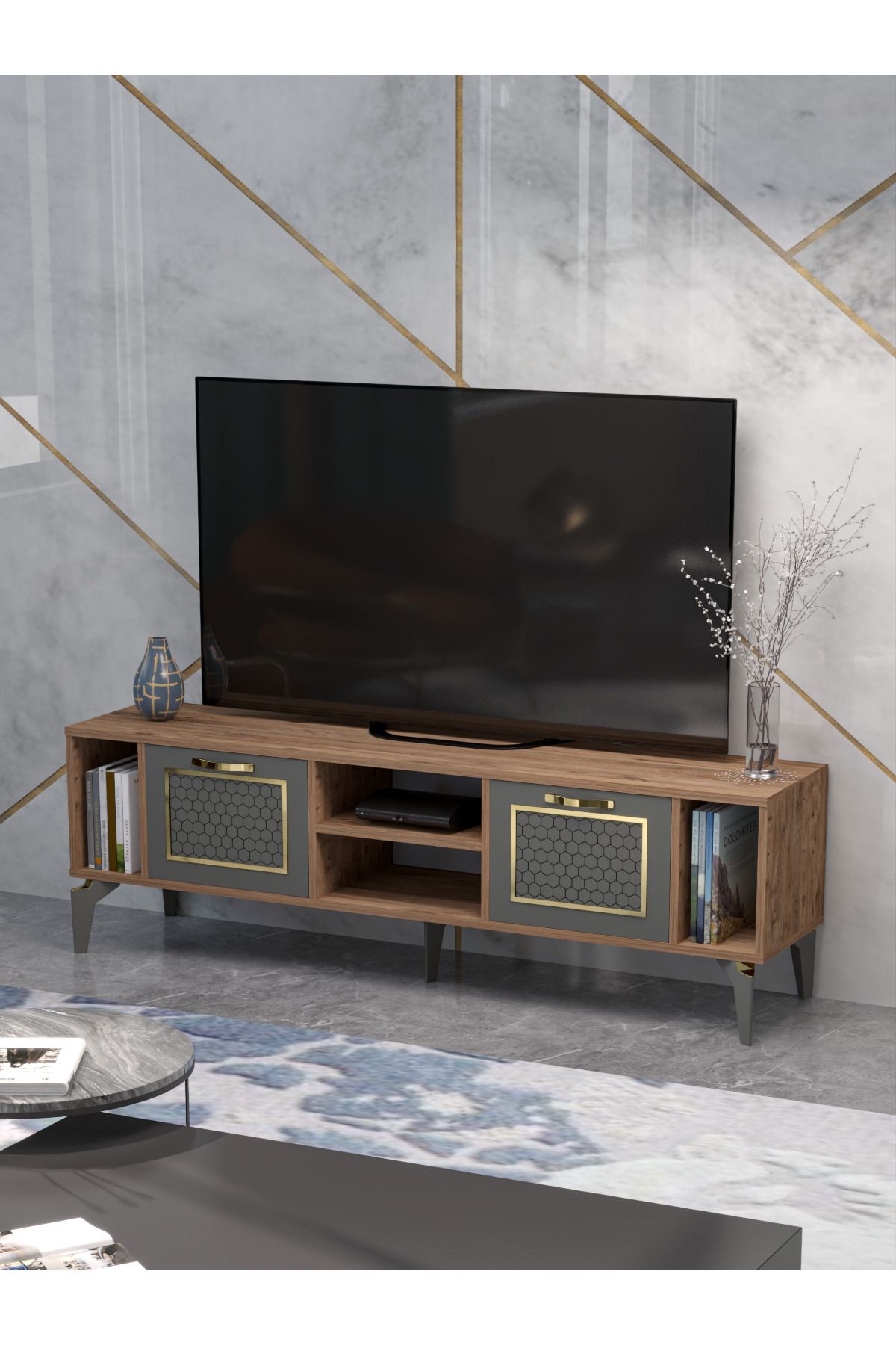 GOLDFALEZ Tv Sehpası Tv Ünitesi Atlantik Çam Antrasit Gümüş 160 Cm Linya 5040