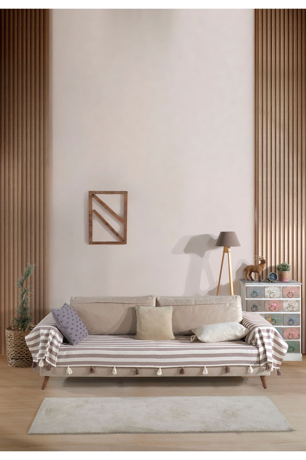 Lux Touch Pera Kahverengi Püsküllü Kolları Örten Koltuk Örtüsü 300x110 cm 3m Battal Boy Ponponlu Kanepe Çekyat