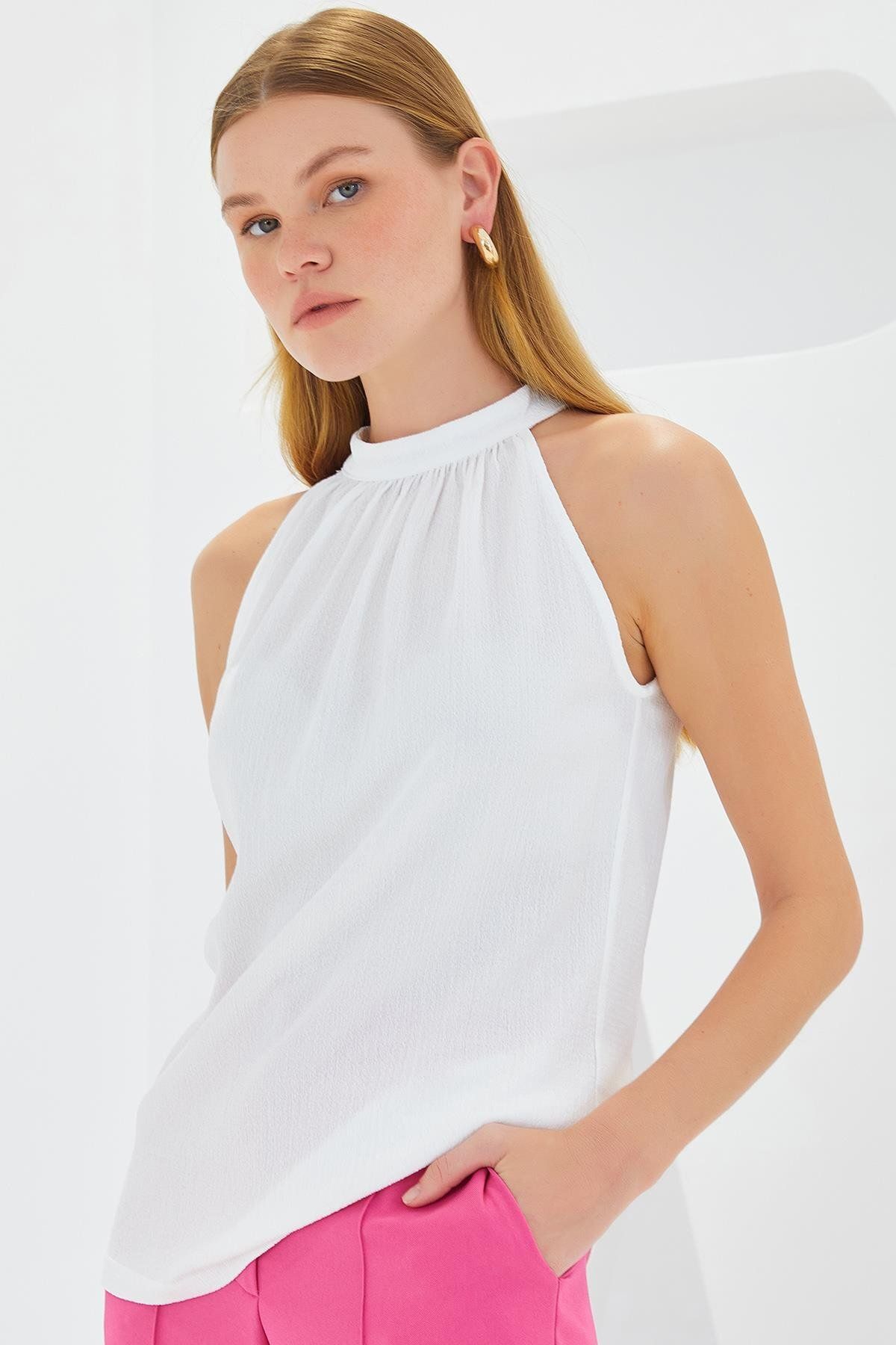 MODAMAİSA Halter Yaka Örme Bluz - Beyaz