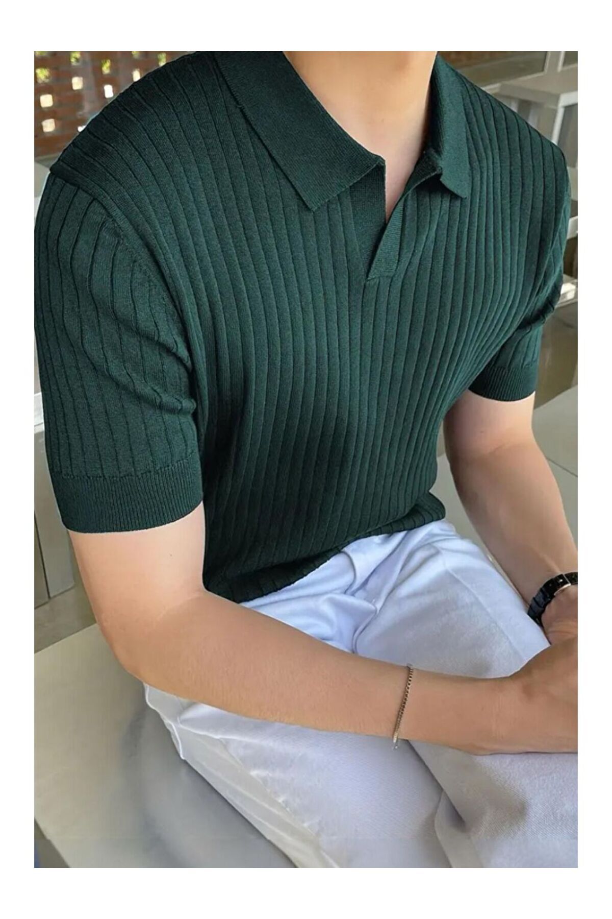 Ast giyim Yeni Sezon Erkek Kısa Kollu Yakalı Çizgi Desenli Triko T-Shirt
